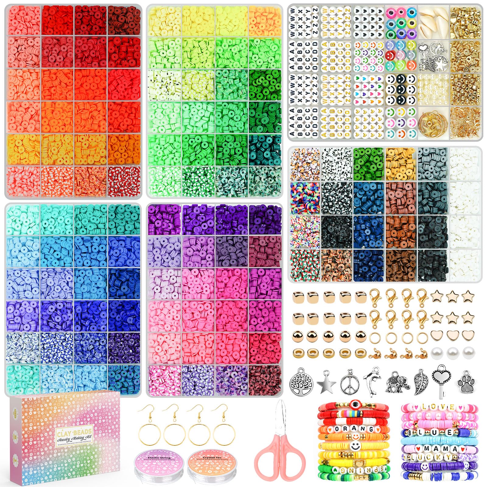 20,000 Pcs Clay Beads Bracelet Making Kit, 120 Colors 6 Boxes Polymer Beads Spacer Heishi Beads Kit, Jewelry Making Set with Pendant Charms Elastic Strings, Crafts Gift for Adults