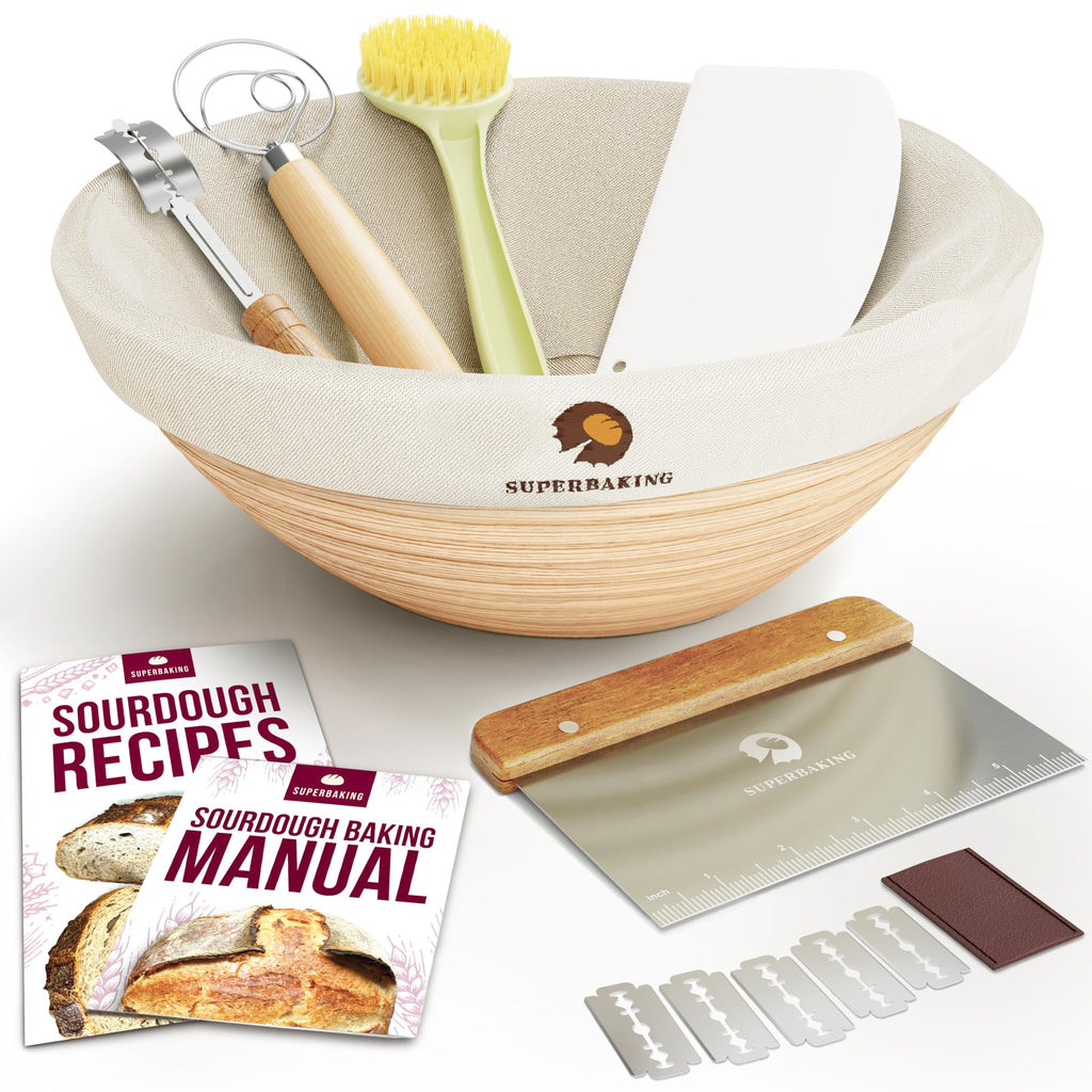 Superbaking Banneton Bread Proofing Basket, Sourdough Bread Baking Supplies, Round 9 Inch Sourdough Starter Kit, Proofing Basket for Bread Baking, Bread Making Supplies Tools, Banneton Basket Gift Set