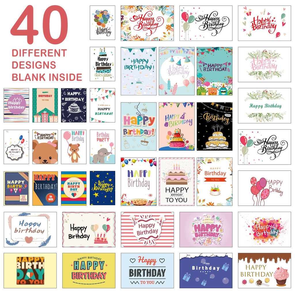 feela Birthday Cards, 80 Pack 40 Designs Happy Birthday Card Assorted Bulk with 80 Blank Envelopes 84 Pieces of Stickers 3 Washi Tapes, 4 X 6 Inches Greeting Cards (40 Pack X2)