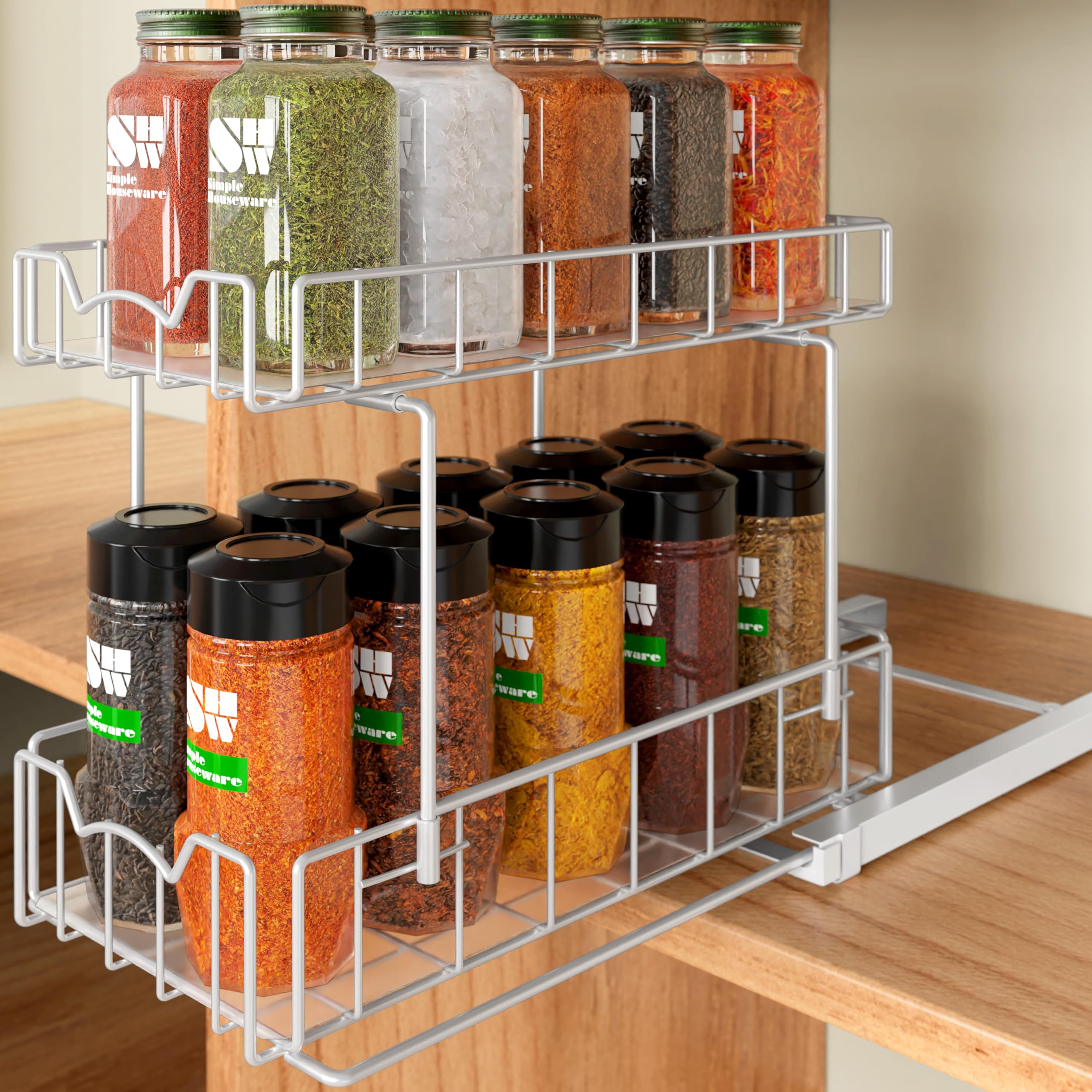 Simple Houseware 2-Tier Spice Rack Slide Out Wire Basket Drawer Organizer for Cupboard and Kitchen, White