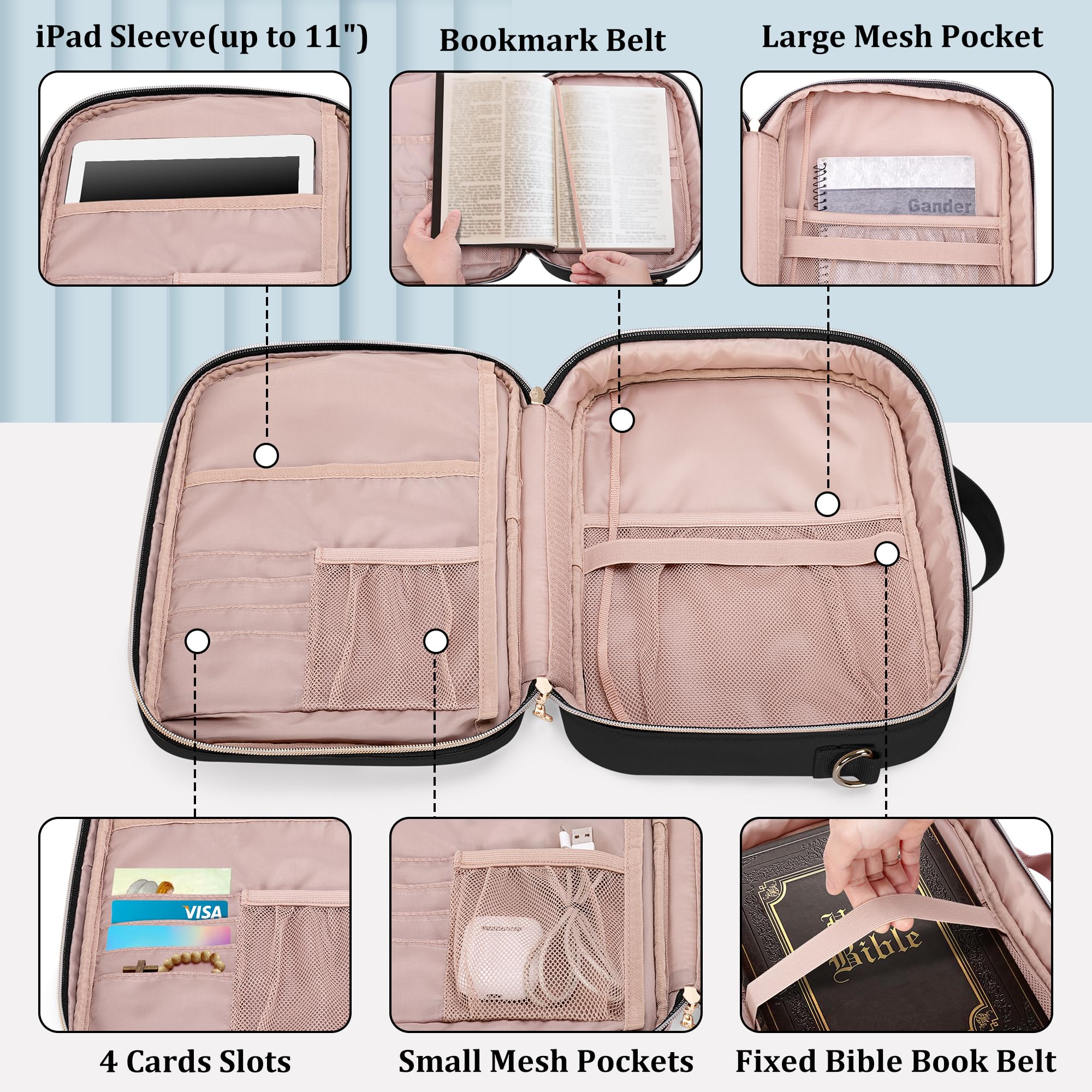 Teamoy Bible Cover for Men Women, Large Bible Book Cover Church Bag Carrying Case with Shoulder Strap and Detachable Pen Slots, Black Quilted