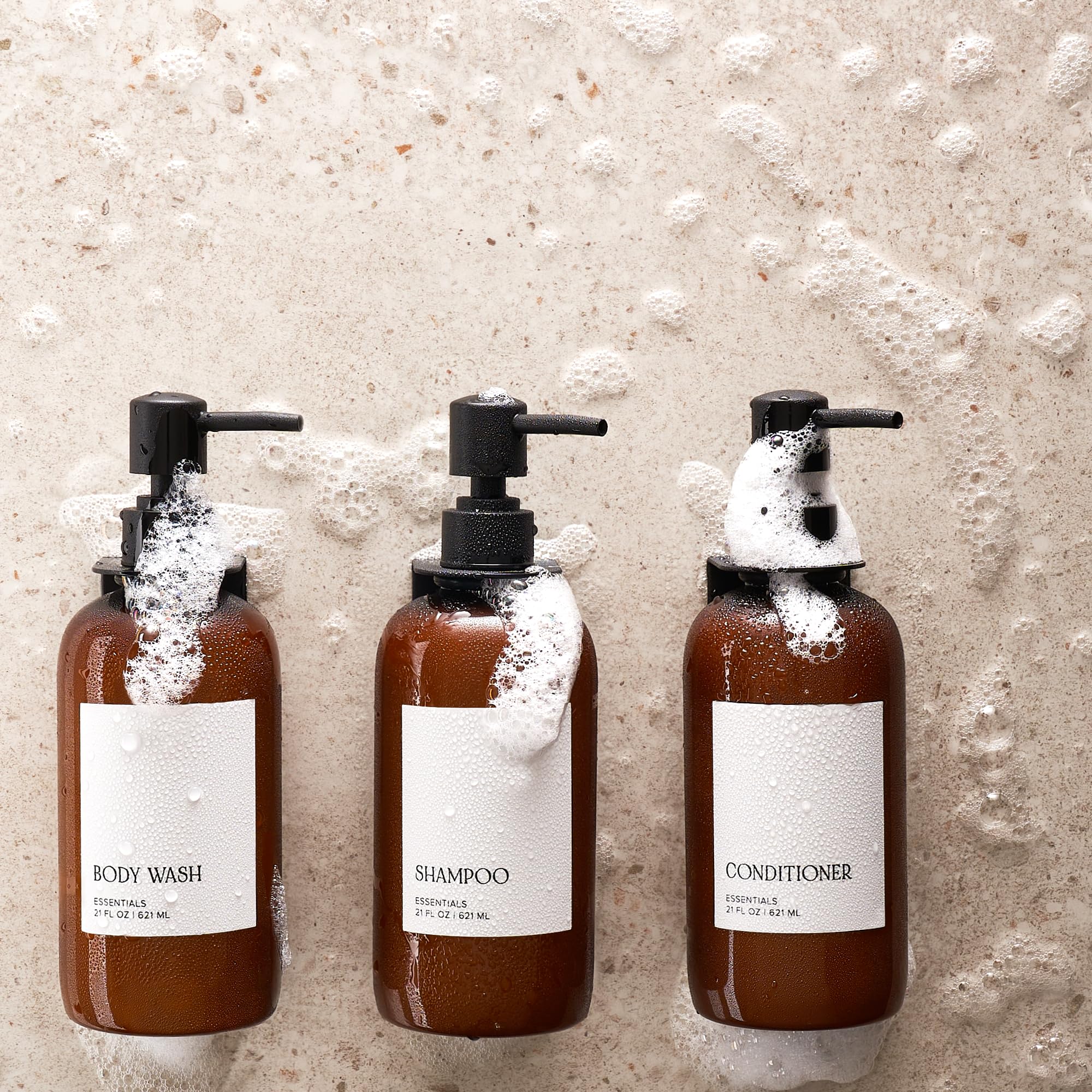 Stylish Shampoo and Conditioner Dispenser Set of 3 - Modern 21oz Shower Soap PET Bottles for Drill Free Wall Mount - Easy to Refill Body Wash Dispensers for an Instant Bathroom Decor Upgrade