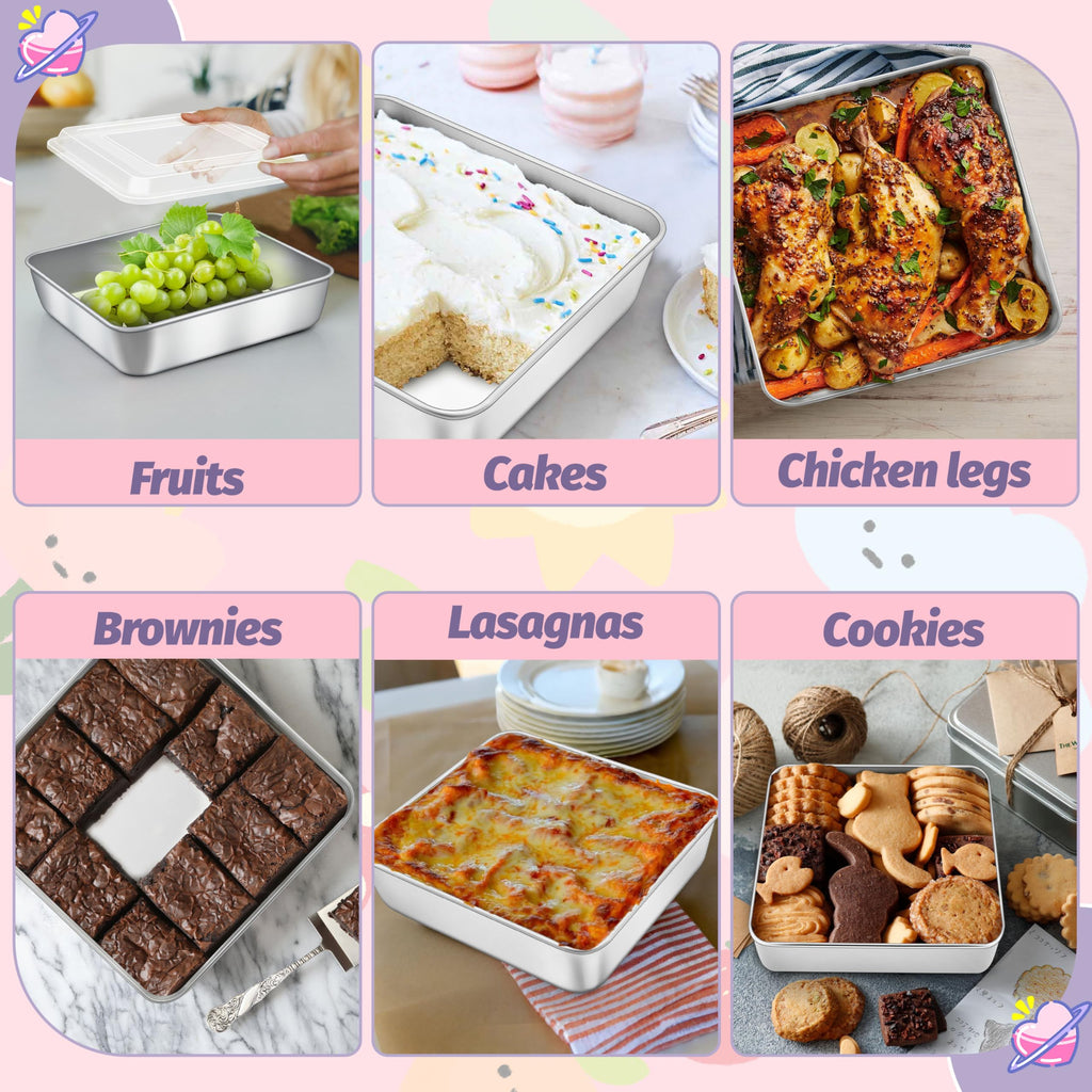 8 x 8 Inch Square Cake Pan with Lid, HaSteeL Baking Sheet with Plastic Cover, Stainless Steel Bakeware Brownie Tin Lasagna Pan, Healthy & Non-Toxic, Matte Finish & Dishwasher Safe, 1 Pan + 1 Lid