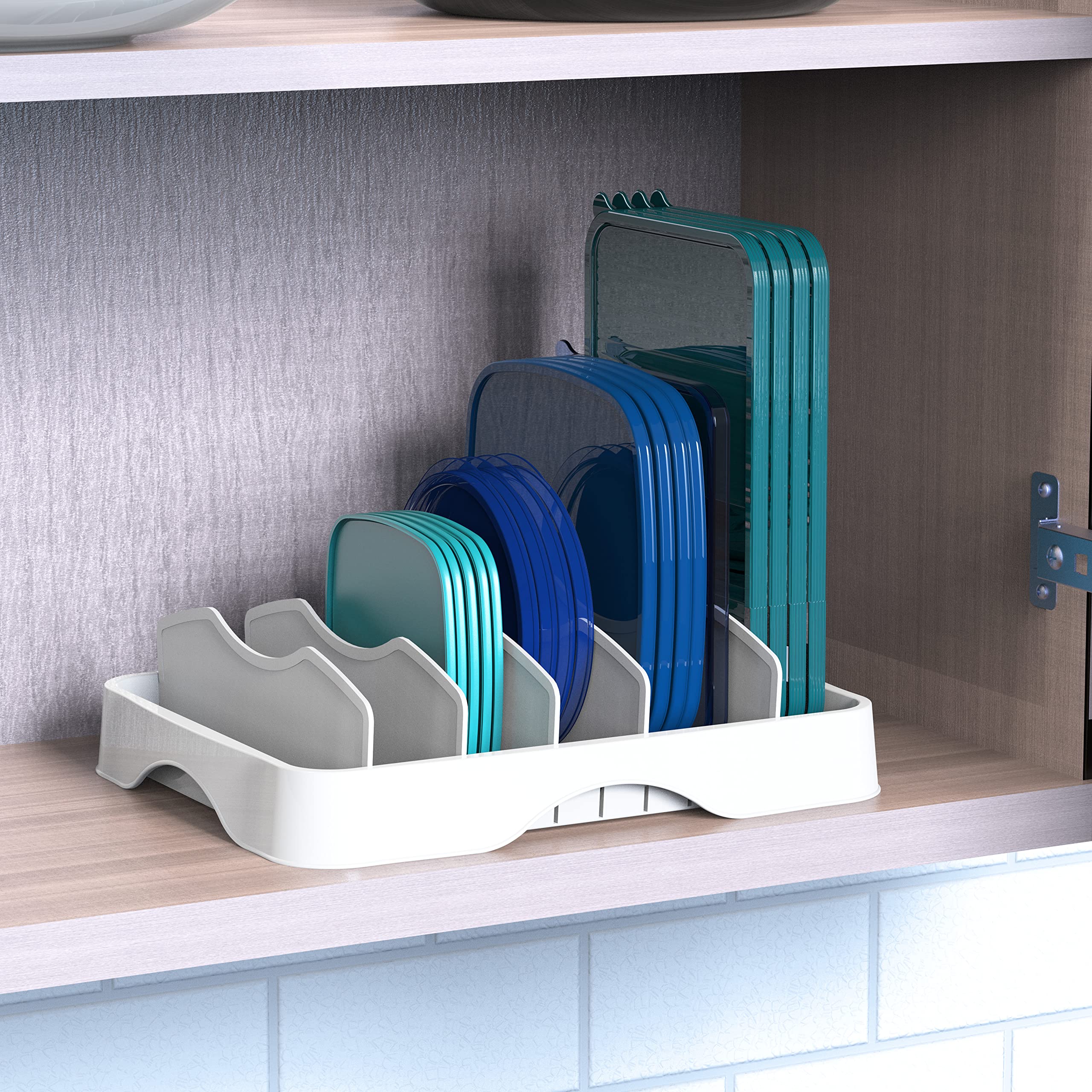 Simple Houseware Food Container Lid Organizer with Adjustable Dividers for Inside Cabinet or Countertop Storage, 13.25" × 10.5", White