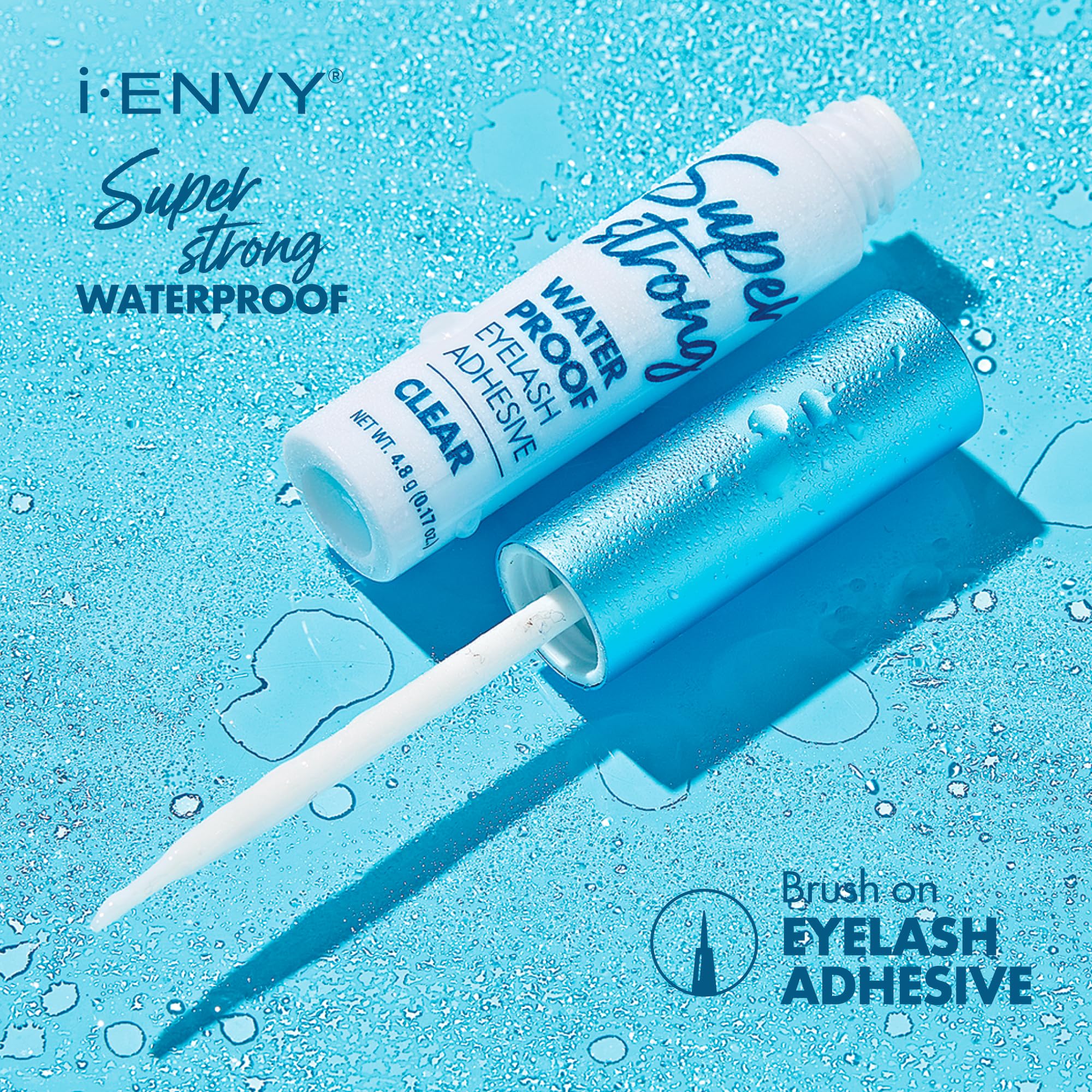 i-ENVY Super Strong Waterproof Clear Eyelash Adhesive, Long Lasting Sweat & Tear Proof Lash Glue for Eyelash Extensions, All Day Hold Durable Brush-On (Waterproof, 1 Pack)