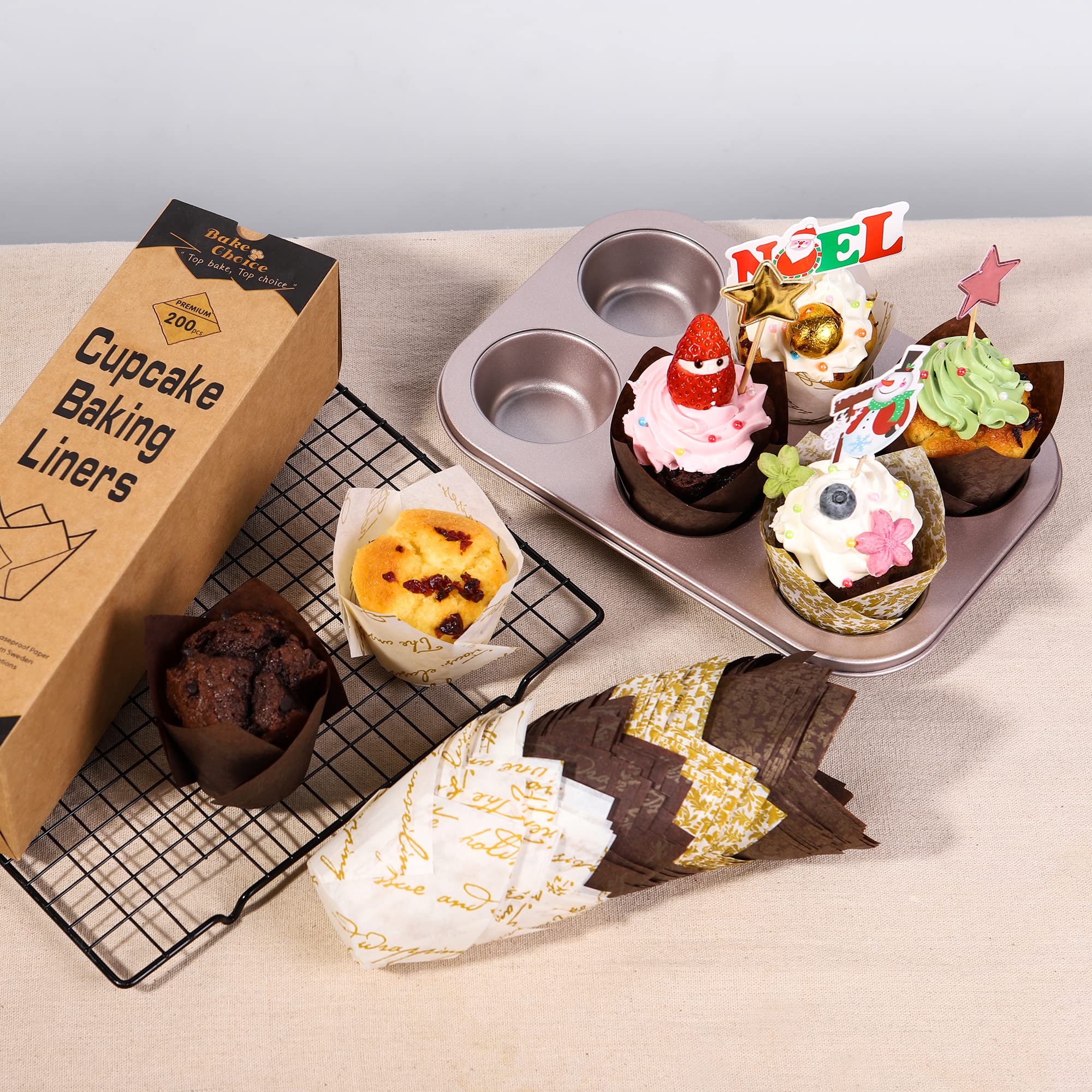 Bake Choice Nordic Paper Tulip Cupcake Liners for Baking - 200pcs Four Fancy Designs, Standard Size, Parchment Paper Muffin Liners for Party, Christmas
