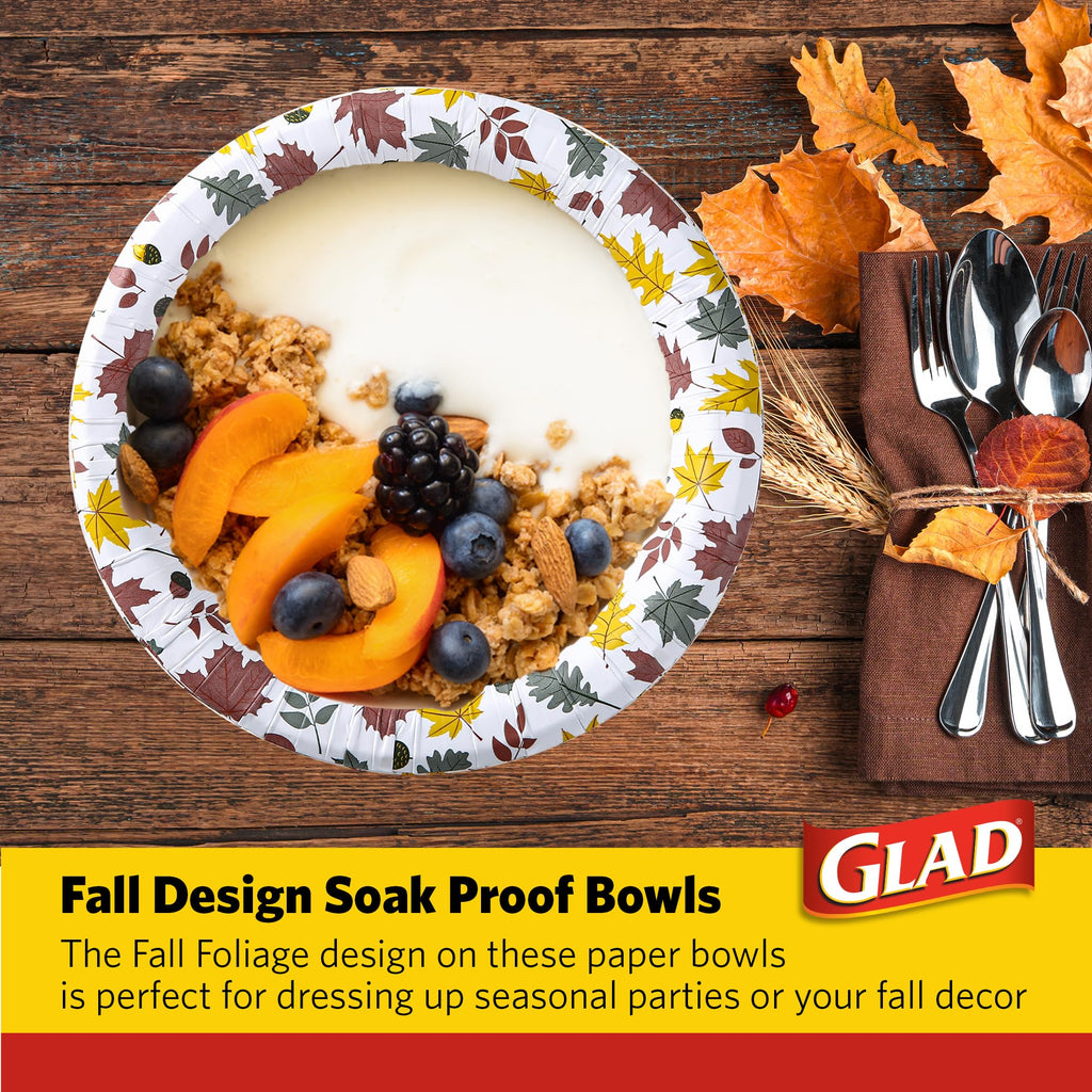 Glad Everyday Disposable Paper Bowls with Falling Foliage Design | Cut-Proof, Microwaveable Paper Bowls, Autumn Themed Disposable Bowls for Everyday Use | 16 Ounces, 50 Count