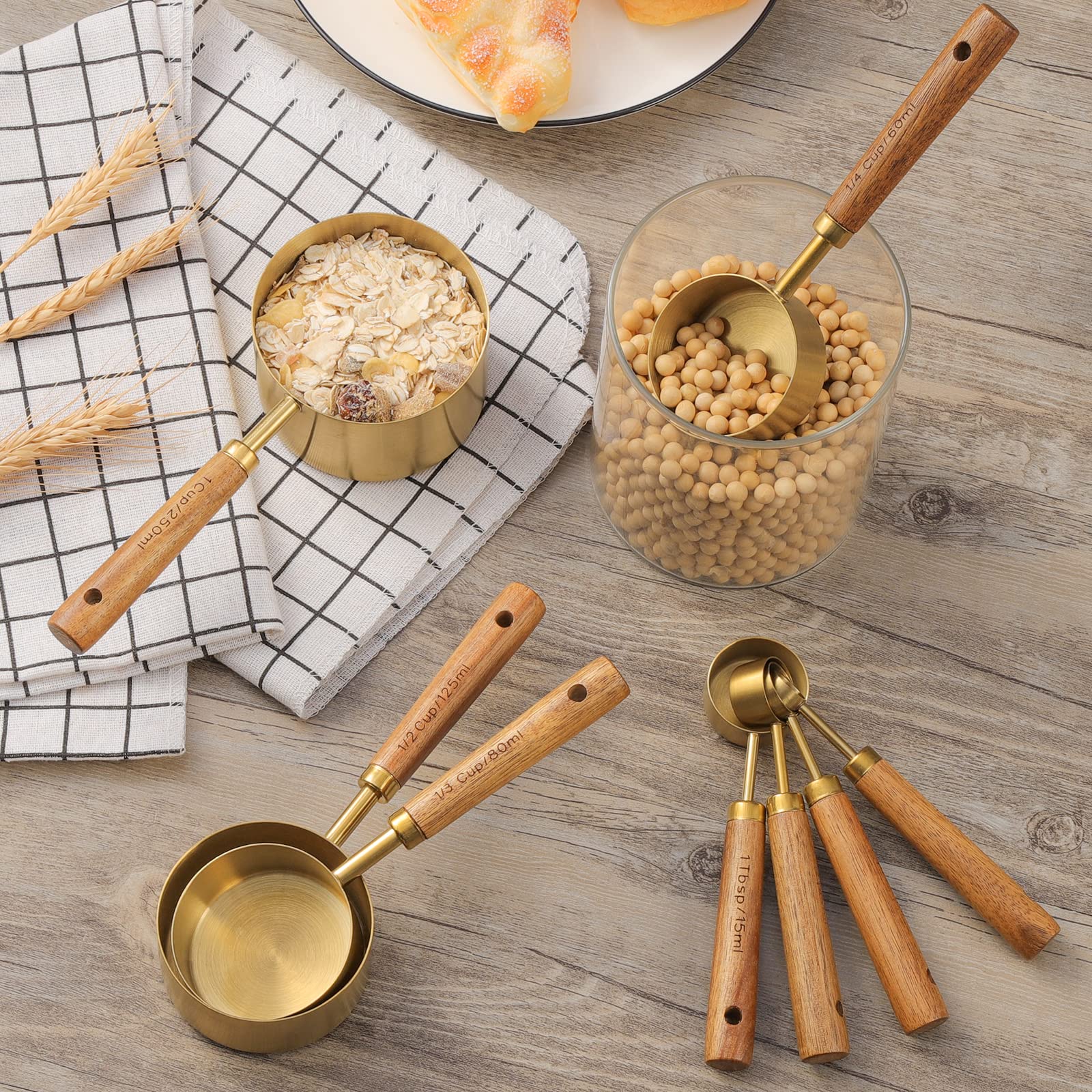 Muchtolove Measuring Cups and Spoons Set of 8, Golden Stainless Steel Measuring Cup with Wooden Handle, Kitchen/Food/Liquid/Baking (Gold)