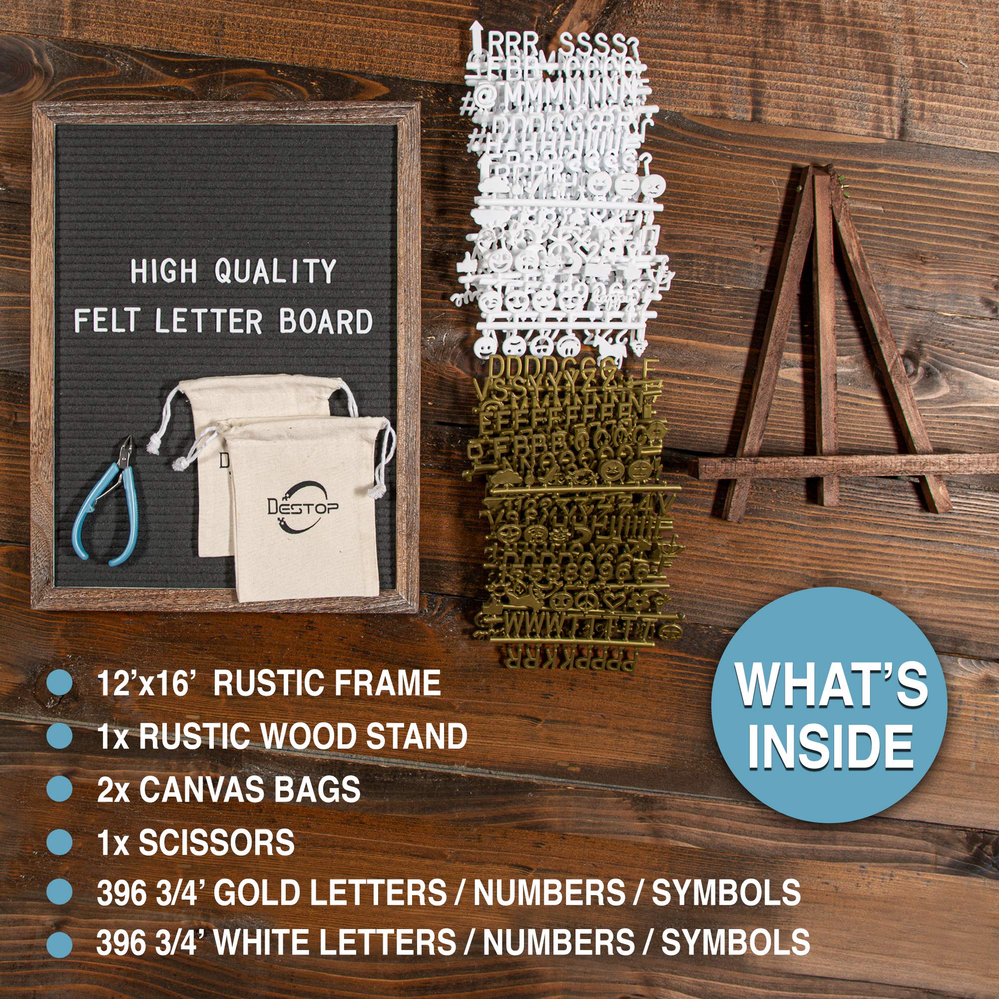 Felt Letter Board with Rustic Vintage Frame and Stand 12x16 inch, Grey Changeable Letter and Message Board Includes 792 Letters, Numbers and Symbols, Hook to Hang, 2 Canvas Bags