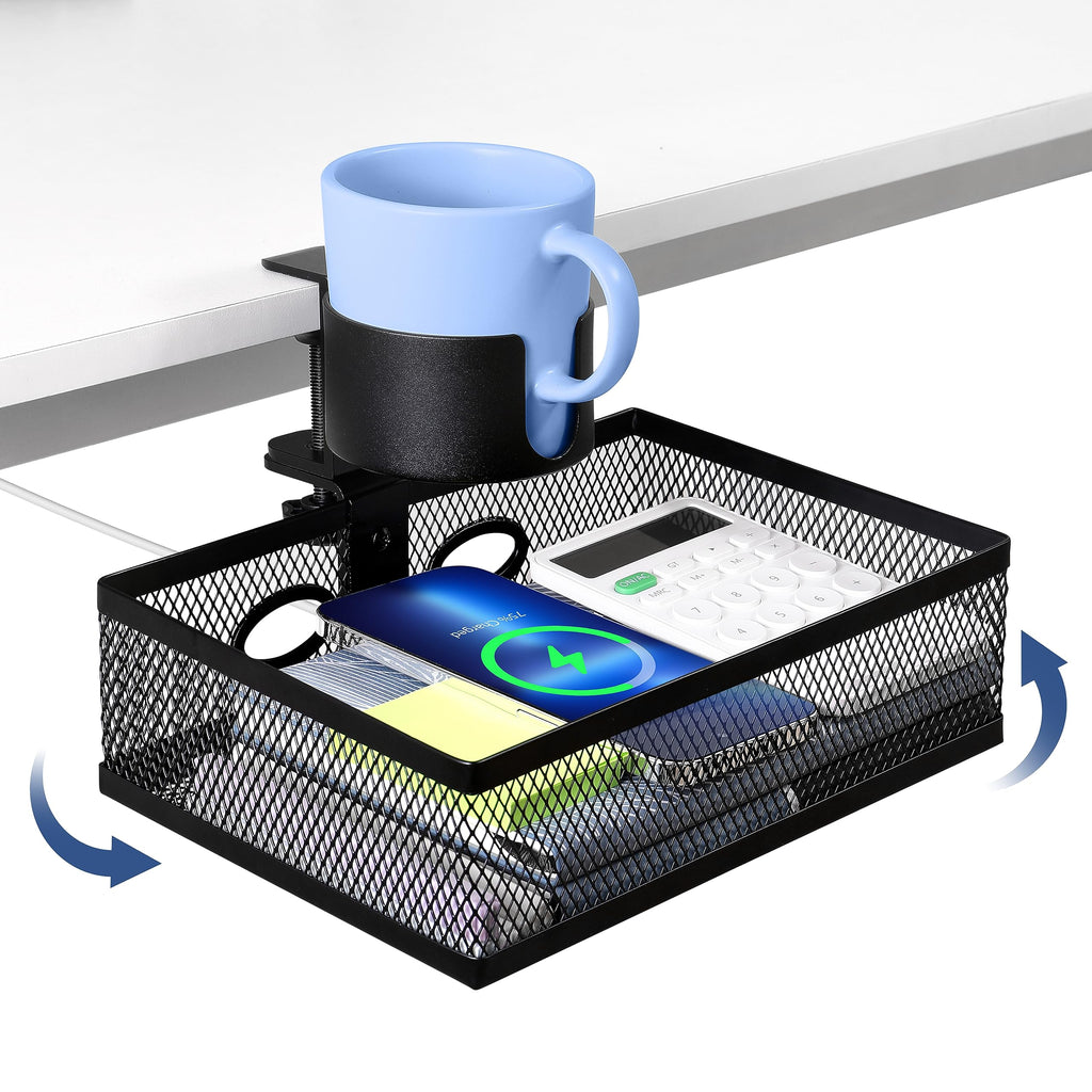 ROLIZOE 360 Rotating Under Desk Drawer Organizer Clamp On Desk Cup Holder No Drilling Swivel Pencil Drawer Under Shelf Storage Anti-slip Mesh Metal Under Table Storage Drawer Basket for Home Office
