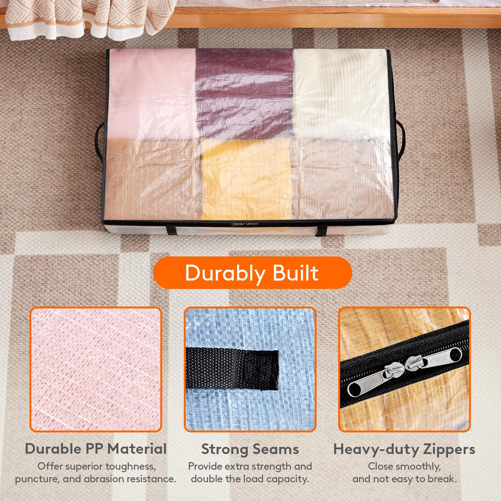 Lifewit 4 Pack Under Bed Storage, Large Clear Plastic Storage Bags, Clothes Storage Boxes Wardrobe Storage Organizer with Reinforced Handle Durable PP Fabric for Bedding Clothes Blanket, 60L