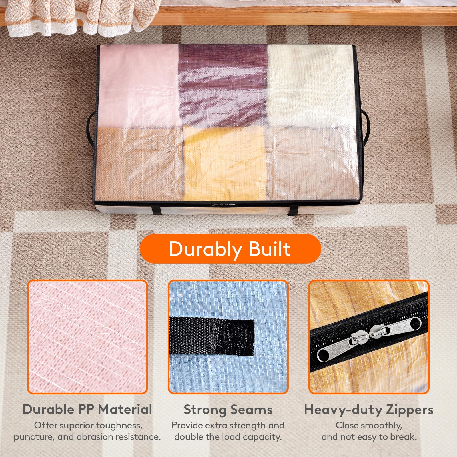 Lifewit 4 Pack Under Bed Storage, Large Clear Plastic Storage Bags, Clothes Storage Boxes Wardrobe Storage Organizer with Reinforced Handle Durable PP Fabric for Bedding Clothes Blanket, 60L