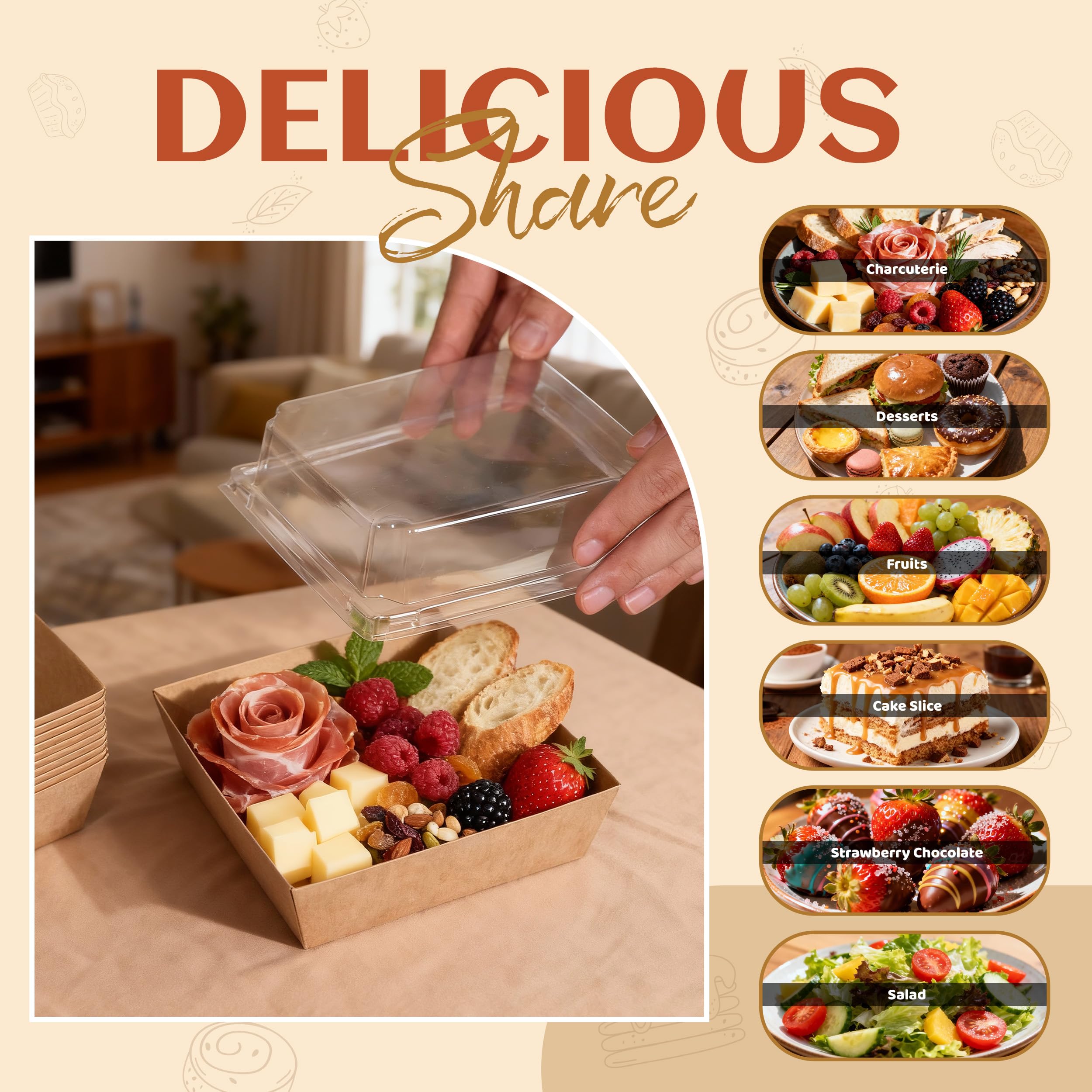 Charcuterie Boxes with Clear Lids Mini Bakery Boxes Disposable Treat Boxes to Go Small Food Containers for Dessert Cookie Sandwich Cake 5.3x4.9x2.5INCH(50 Pack, Brown)