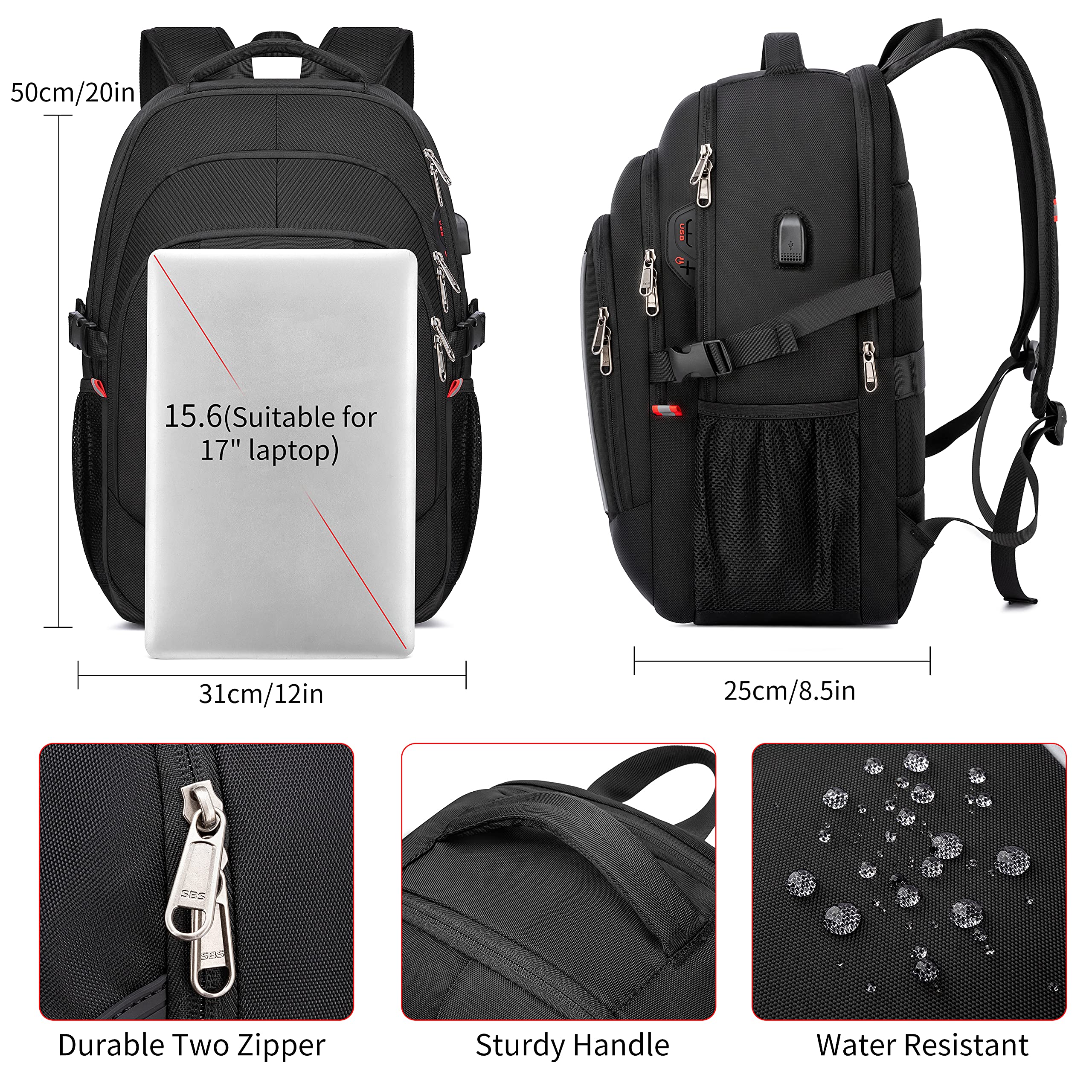 Backpack,17.3 inch Laptop Backpack,Large Bookbag Computer Rucksack with USB Charging Port,Water Resistant Sturdy Backpack for Business College School Travel,Men Women Casual Daypack,Black