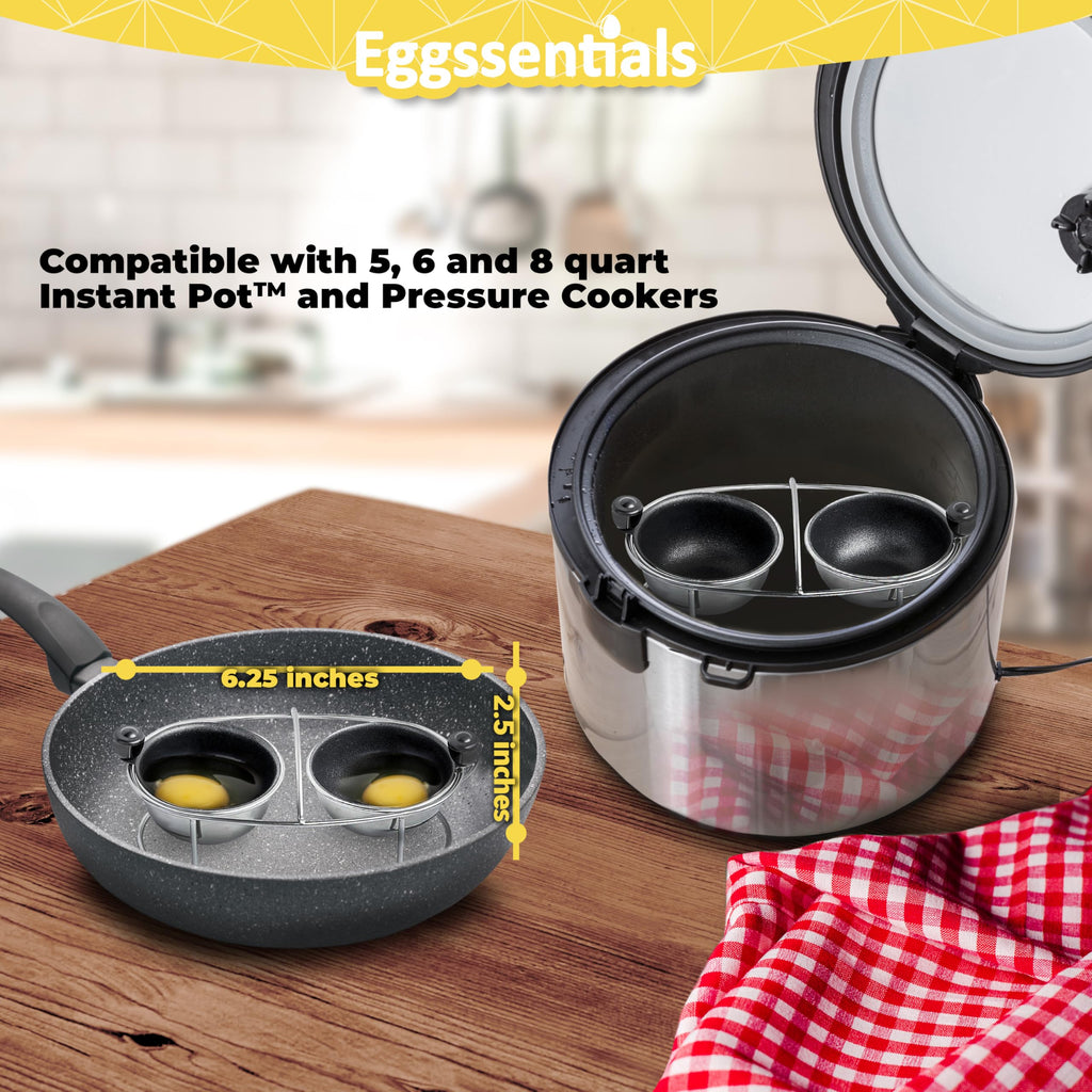 Eggssentials Egg Poacher | Stainless Steel Poaching Rack | 2 Poached Egg Maker Cups PFOA Free Nonstick | 6.25 inches Egg Steamer Rack Fits Many sized Pans Skillets and Pressure Cookers …