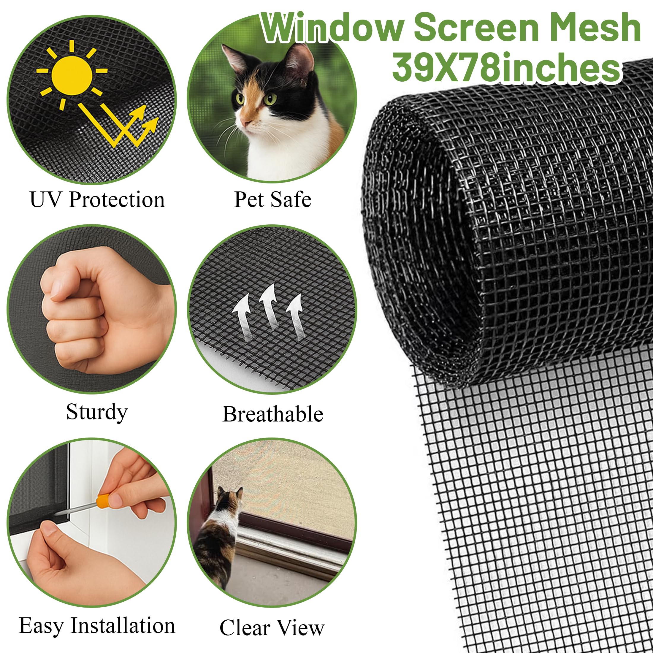 Tsxcnaa Window Screen Repair Kit, 39" x 78" (100 x 200 cm) Window Screen Mesh, Durable Fiberglass with Full Screen Repair Kit for Windows, Sliding Doors, Patio, and Porch Screens (Black)