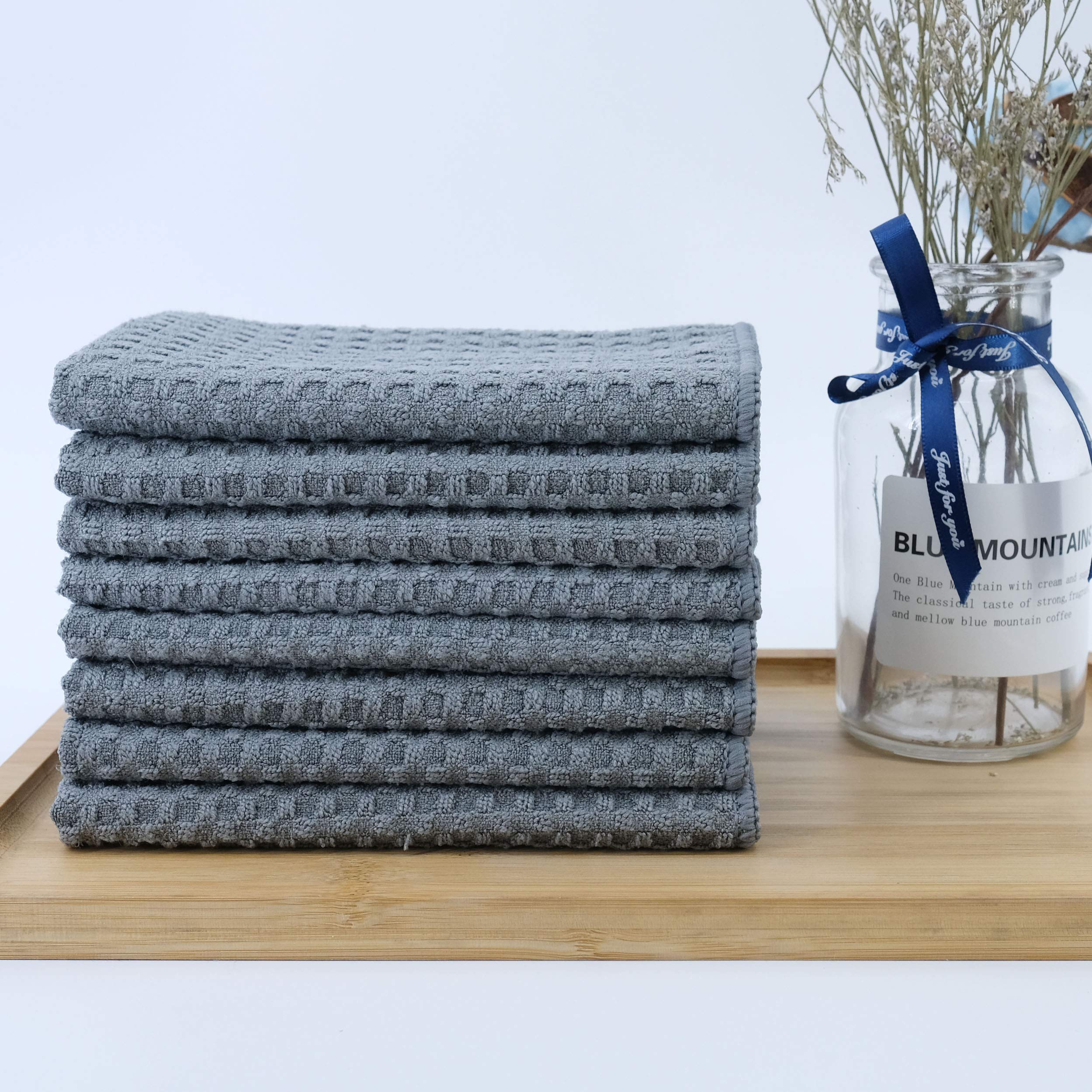 Polyte Ultra Premium Microfiber Kitchen Dish Hand Towel Waffle Weave, 8 Pack (12x12 in, Grey)