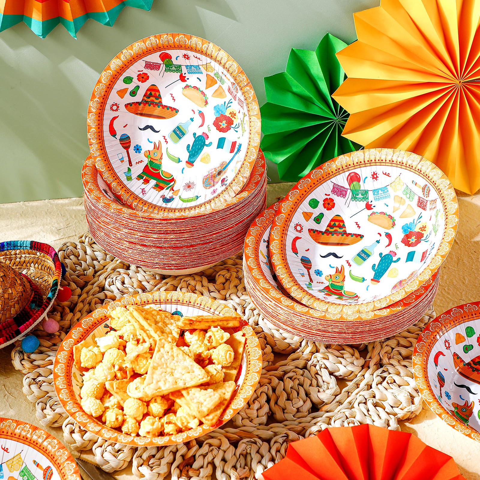 Skybooly 50 Pcs 16 oz Fiesta Bowls Disposable Mexican Party Serving Paper Bowls 7 Inch Cinco De Mayo Heavy Duty Paper Plates for Soup Salad Ramen Birthday Party Decorations
