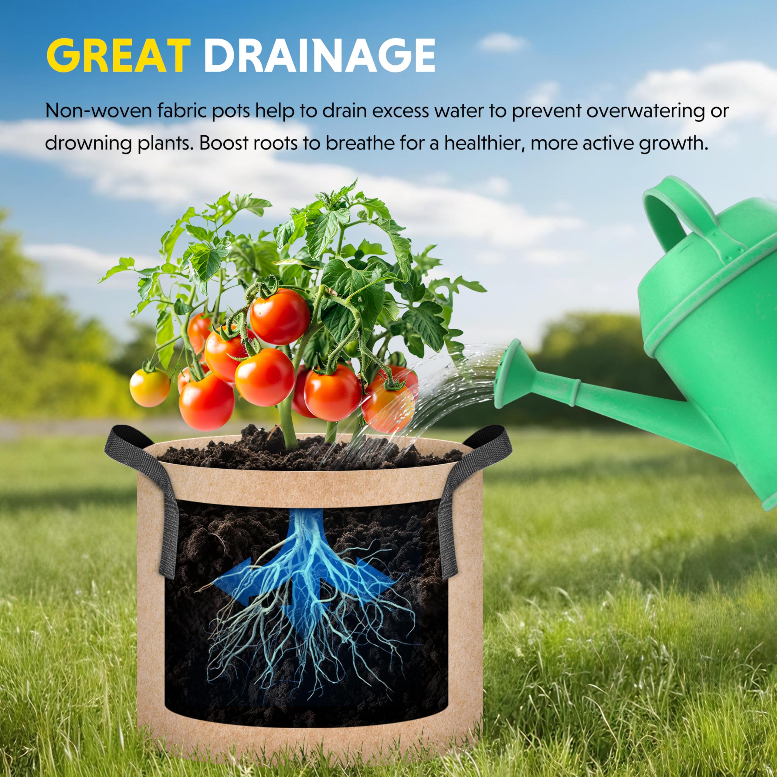 iPower 15 Gallon 5 Pack Grow Bags Nonwoven Fabric Pots Aeration Container with Strap Handles for Garden and Planting, Tan