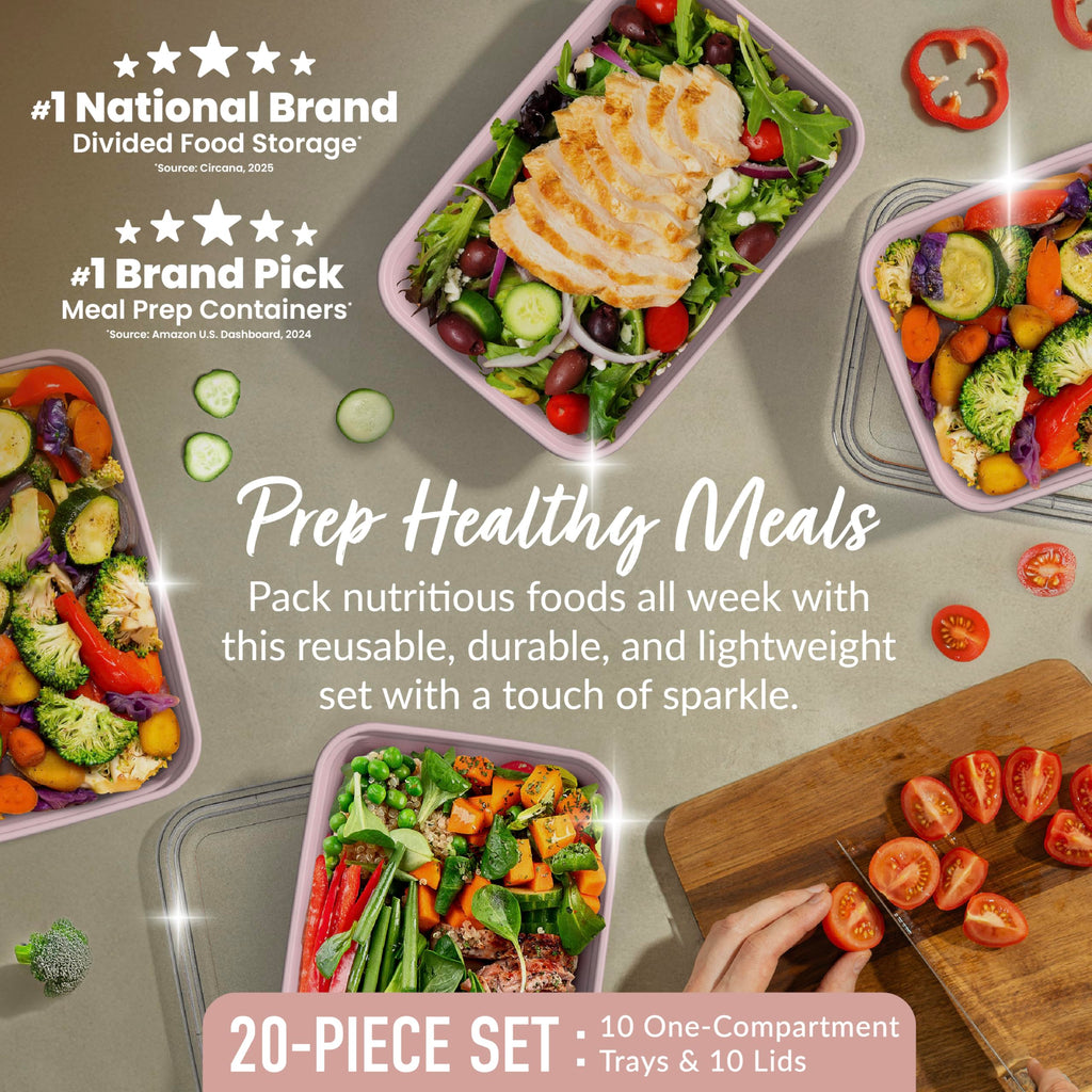 Bentgo Prep - 20-Piece 1-Compartment Reusable Meal Prep Containers with Lids, PFAS & BPA Free Materials, Durable, Microwave, Freezer, & Dishwasher Safe To Go Food Storage (Peony Glitter)