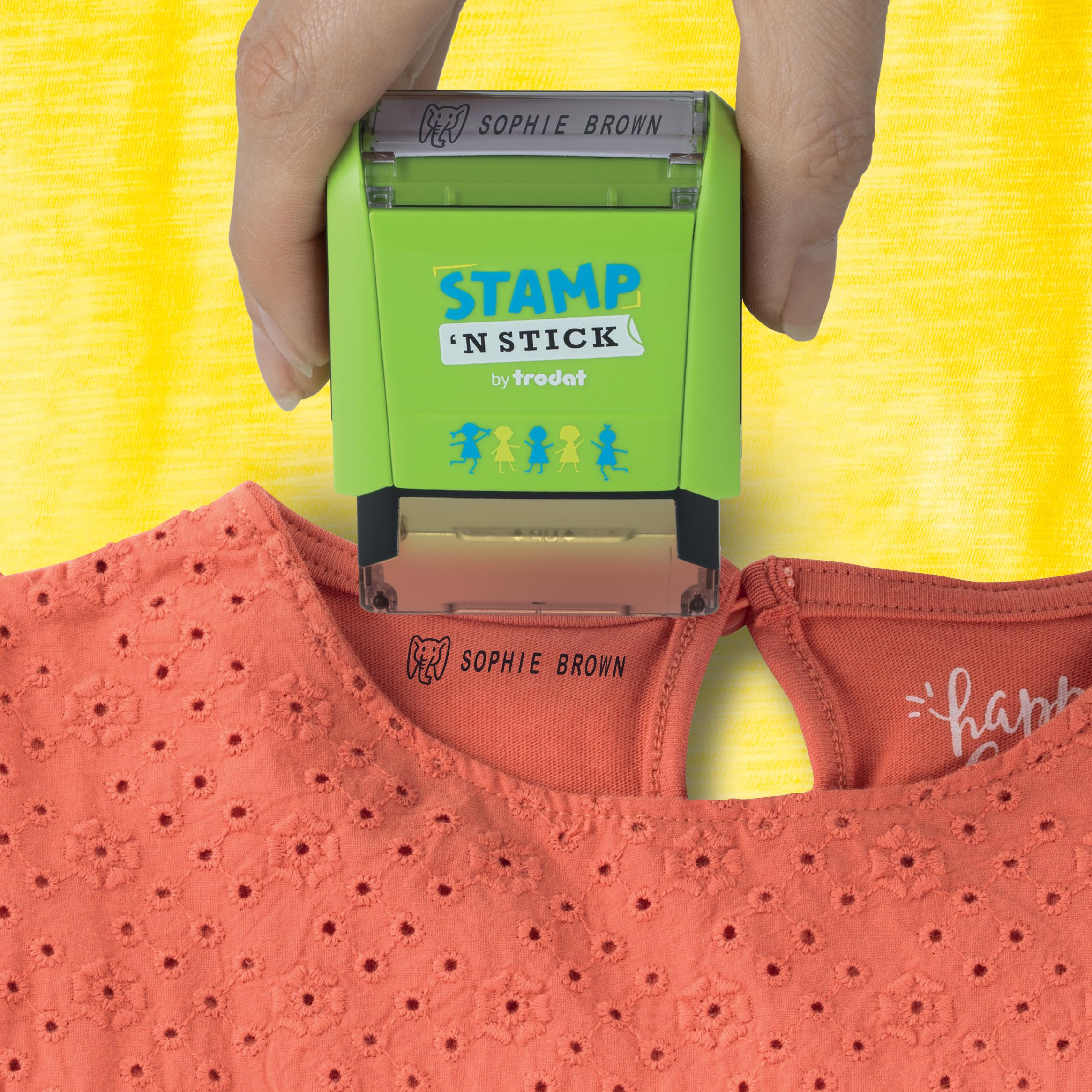 Trodat Stamp 'N Stick Clothes and Personal Belongings DIY Stamper, English Text with Special Characters – 3 Lines – Dermatologically Tested Ink, Dishwasher and Washing Machine Safe Ink