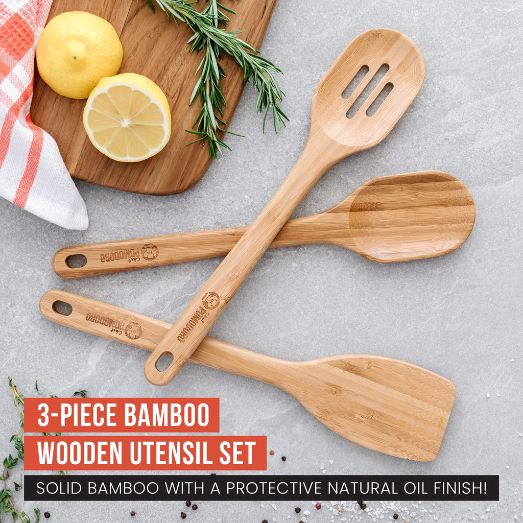 Chef Pomodoro Wooden Cooking Utensils Set 3-Piece, Bamboo | Large 12.5-Inch Wooden Spoons for Cooking, Spatula, Slotted Spoon | Pan Kitchen Frying Set