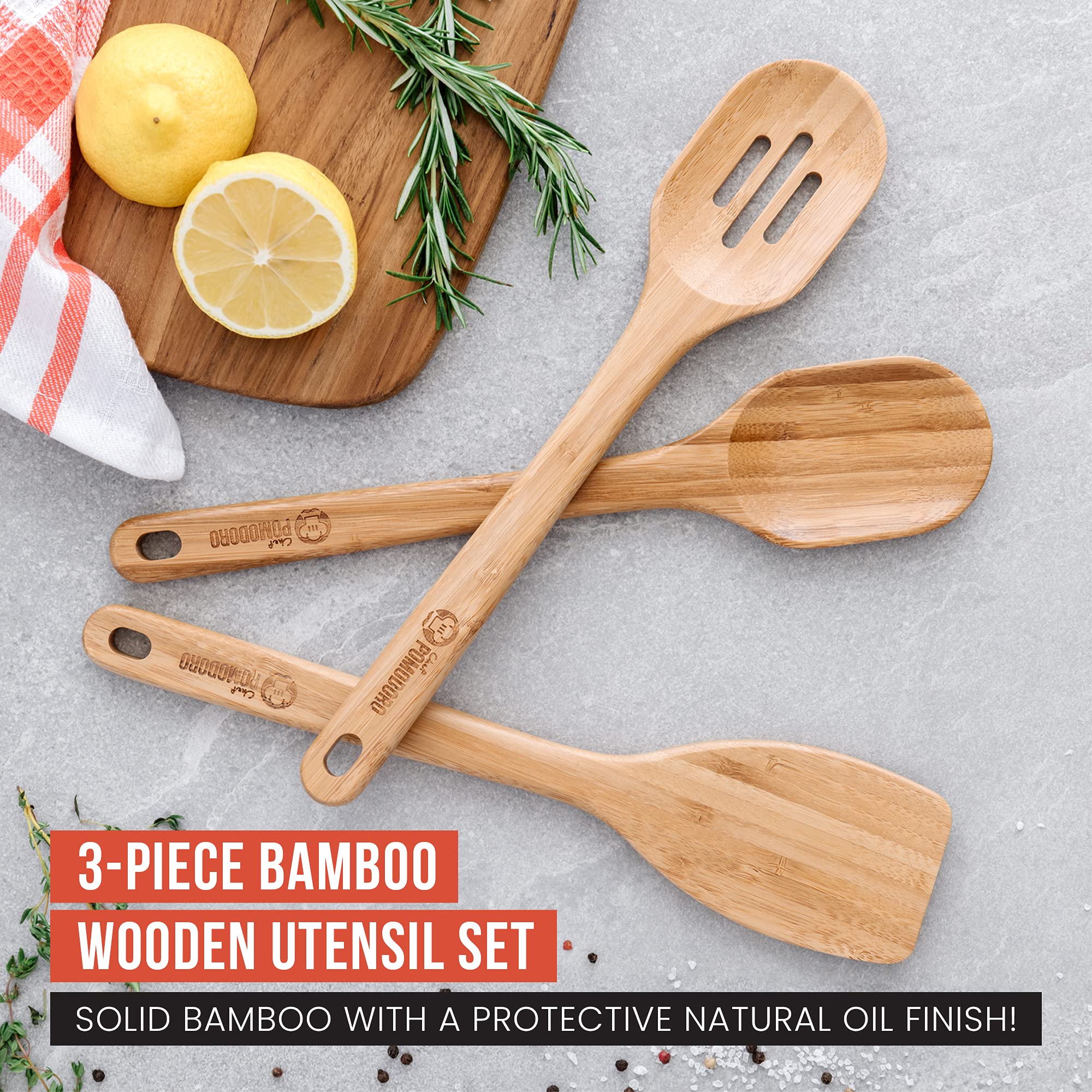 Chef Pomodoro Wooden Cooking Utensils Set 3-Piece, Bamboo | Large 12.5-Inch Wooden Spoons for Cooking, Spatula, Slotted Spoon | Pan Kitchen Frying Set