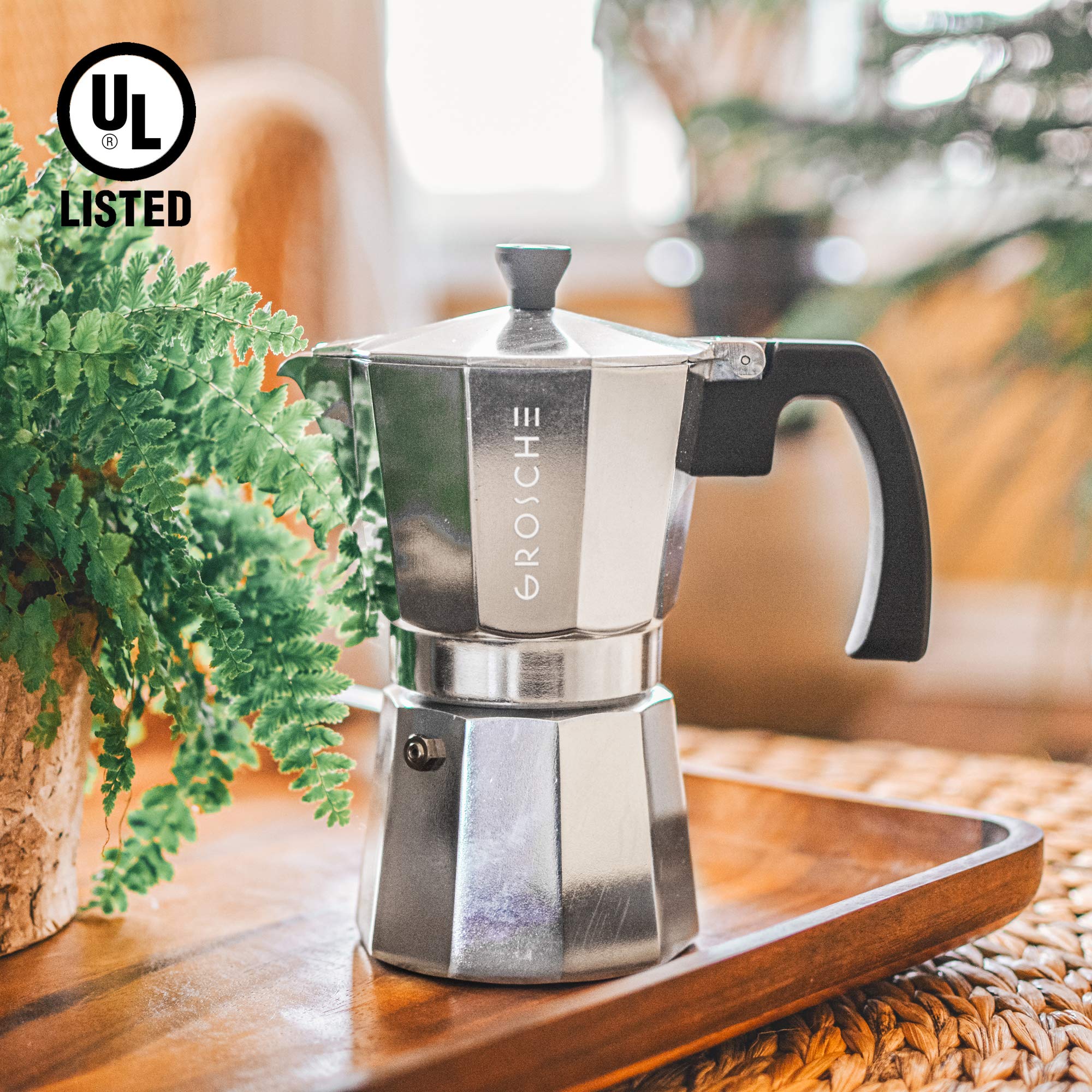 GROSCHE Milano Stovetop Espresso Maker Moka Pot 3 Espresso Cup - 5oz, Silver- Cuban Coffee Maker Stove top Coffee Maker Moka Italian Espresso greca Coffee Maker Brewer Percolator