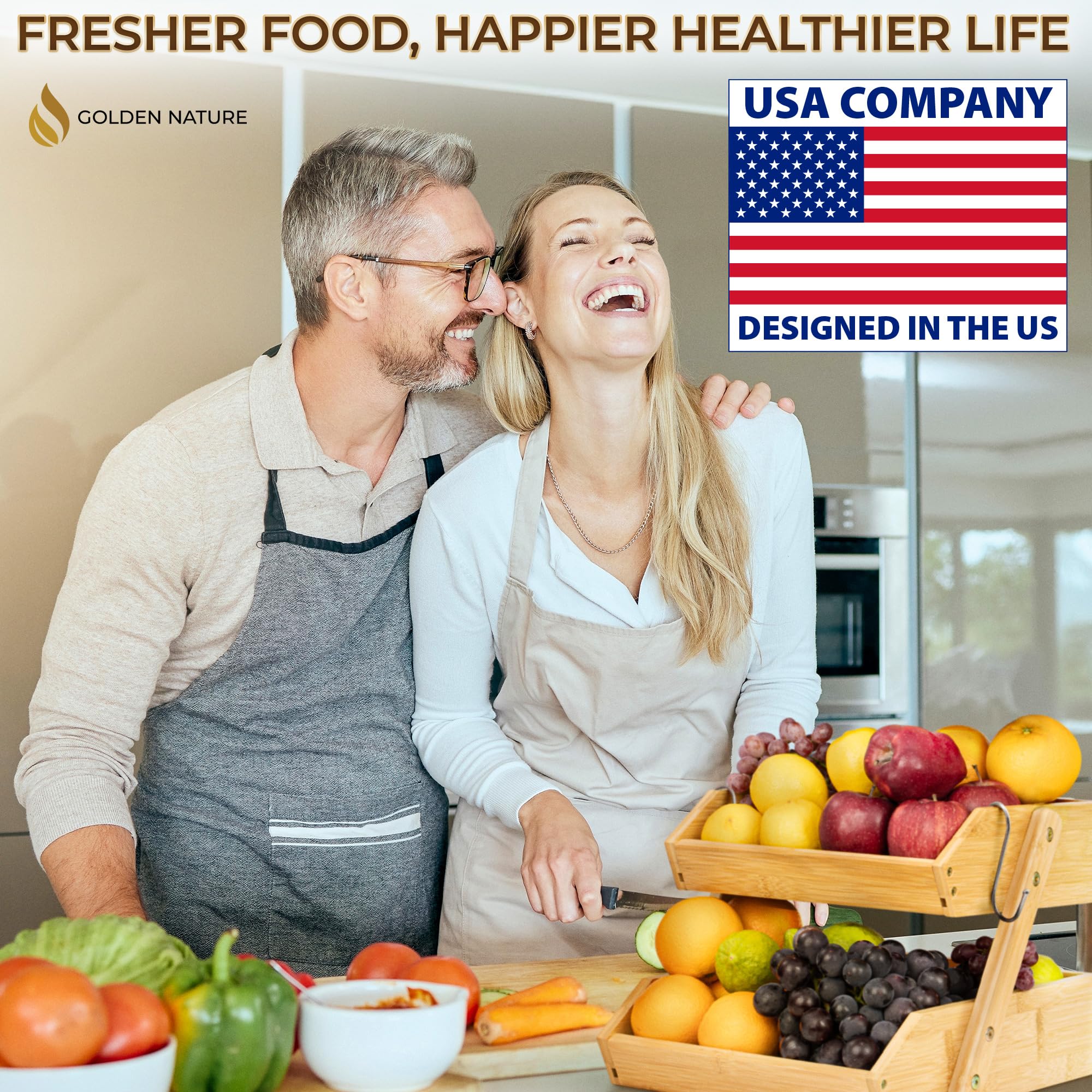 Golden Nature - Fruit Basket w/ Banana Hanger - 2-Tier Bamboo Fruit & Vegetable Storage Organizer for Kitchen Counter - Lightweight & Easy Assembly Countertop Fruit Stand Holder Bowl w/ Screws