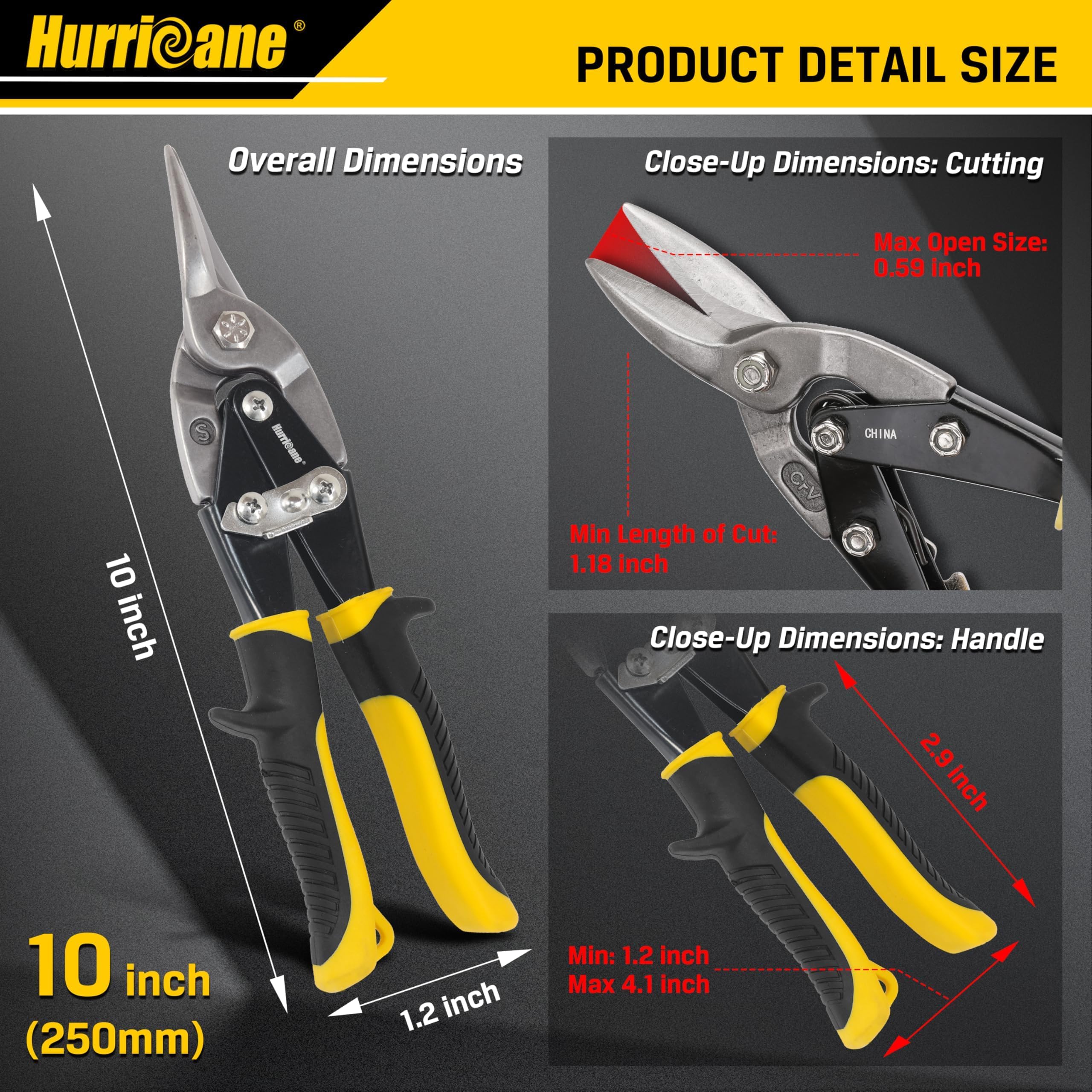 Hurricane 10 Inch Aviation Snips, Straight Cut Metal Shears for Aluminum, Plastic & Thin Gauge Sheet, Regular Sheet Metal Cutter. Ideal for HVAC, Gutter & DIY Projects