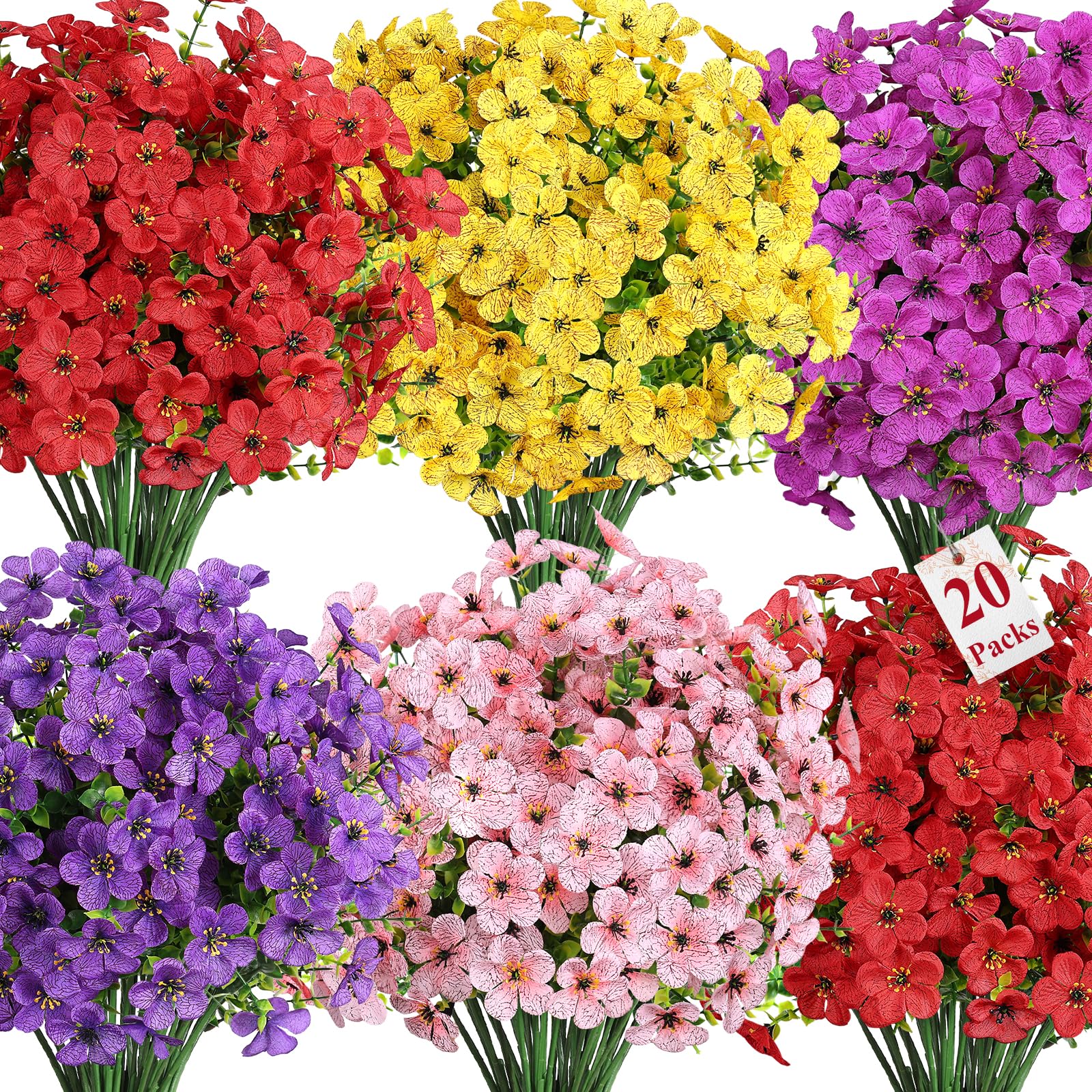 Alupssuc 20 Bundles Artificial Flowers for Outdoor Indoor Decoration, UV Resistant No Fade Fake Plants Eucalyptus, Colorful Faux Spring Flowers for Outside Yard Porch Patio Garden Home Window Box