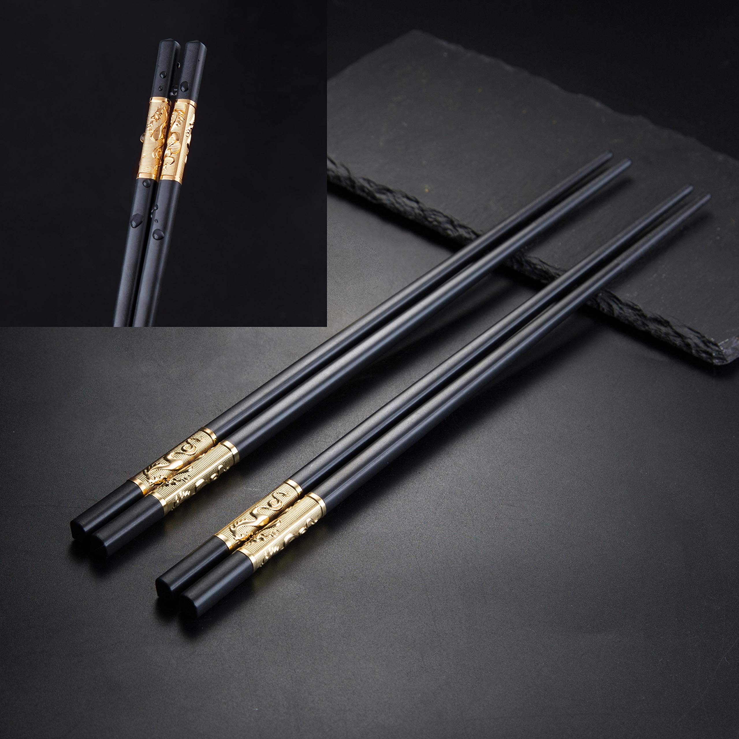 Youda Golden Dragon Chopsticks Set-Premium Alloy Metal Reusable Chopsticks with Holder & Gift Bag, Traditional Chinese Design, Dishwasher Safe, Elegant Gift Box (2 Pairs)