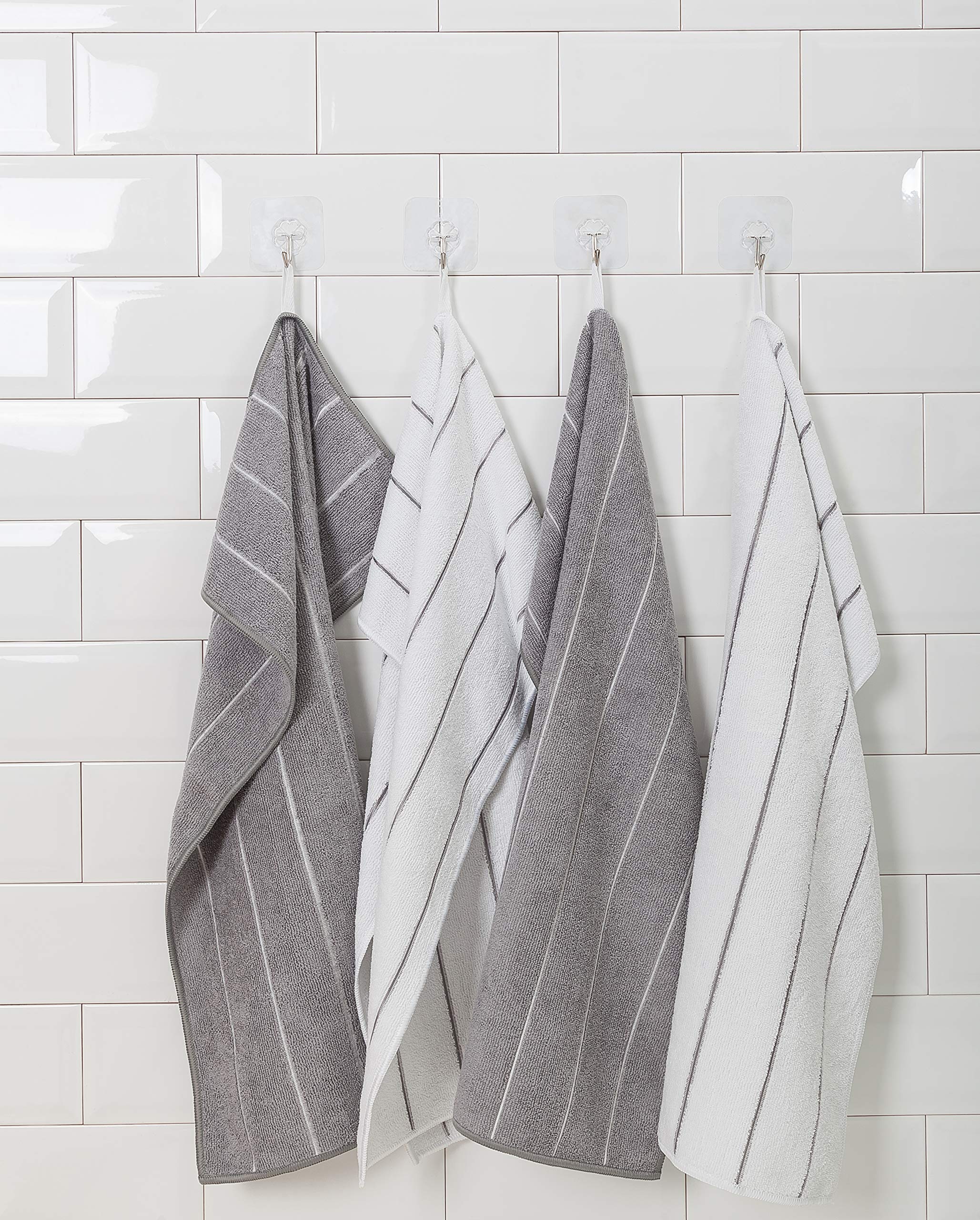 Microfiber Kitchen Towels - Super Absorbent, Soft and Solid Color Dish Towels, 8 Pack (Stripe Designed Grey and White Colors), 26 x 18 Inch (Grey)