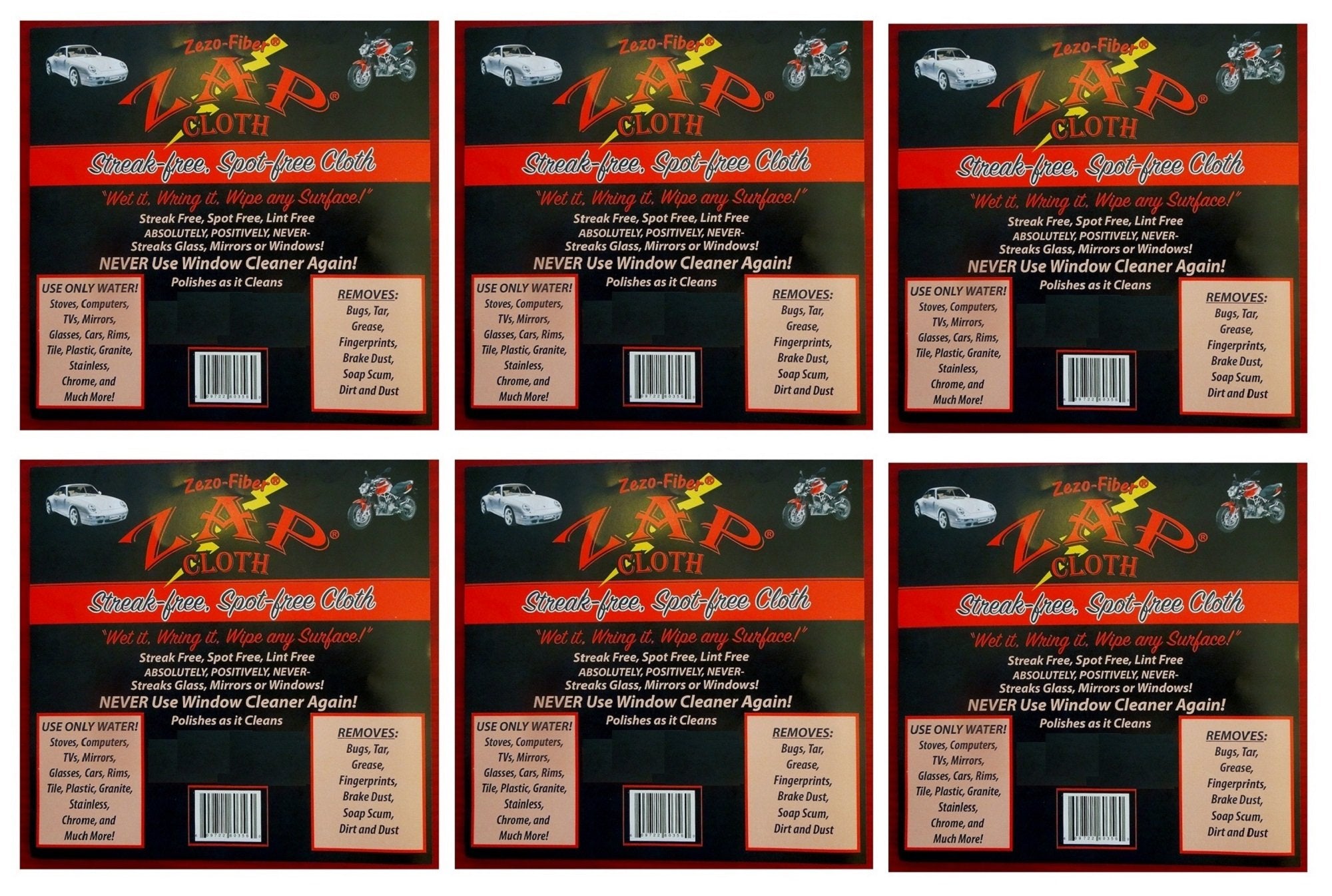Zap Cloth Zezo-Fiber, Streak Free and Spot Free, 6 Cloths