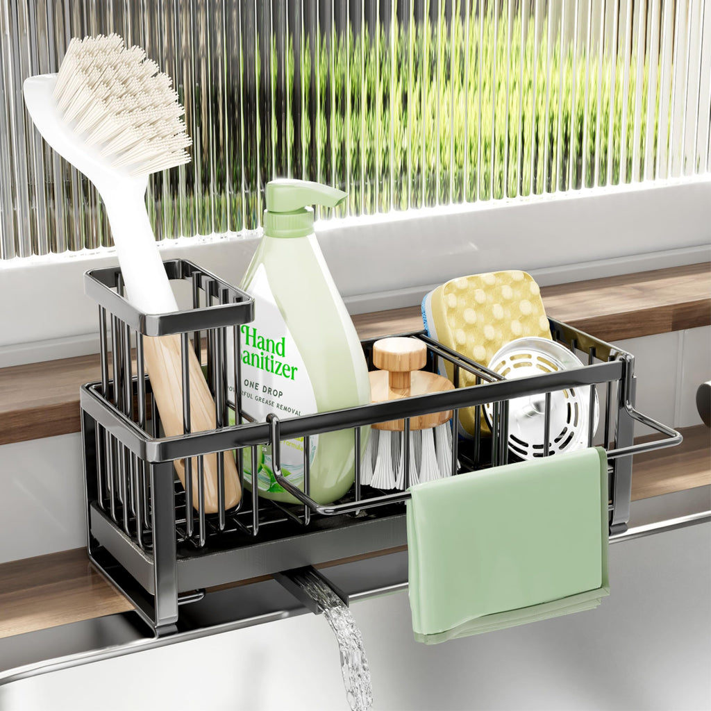 SWTYMIKI Sponge Holder for Kitchen Sink - Kitchen Sink Caddy Organzier with Auto Draining Tray & Brush Holder, Stainless Steel Dish Sponge Holder with Divider for Countertop, Black