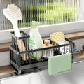 SWTYMIKI Sponge Holder for Kitchen Sink - Kitchen Sink Caddy Organzier with Auto Draining Tray & Brush Holder, Stainless Steel Dish Sponge Holder with Divider for Countertop, Black