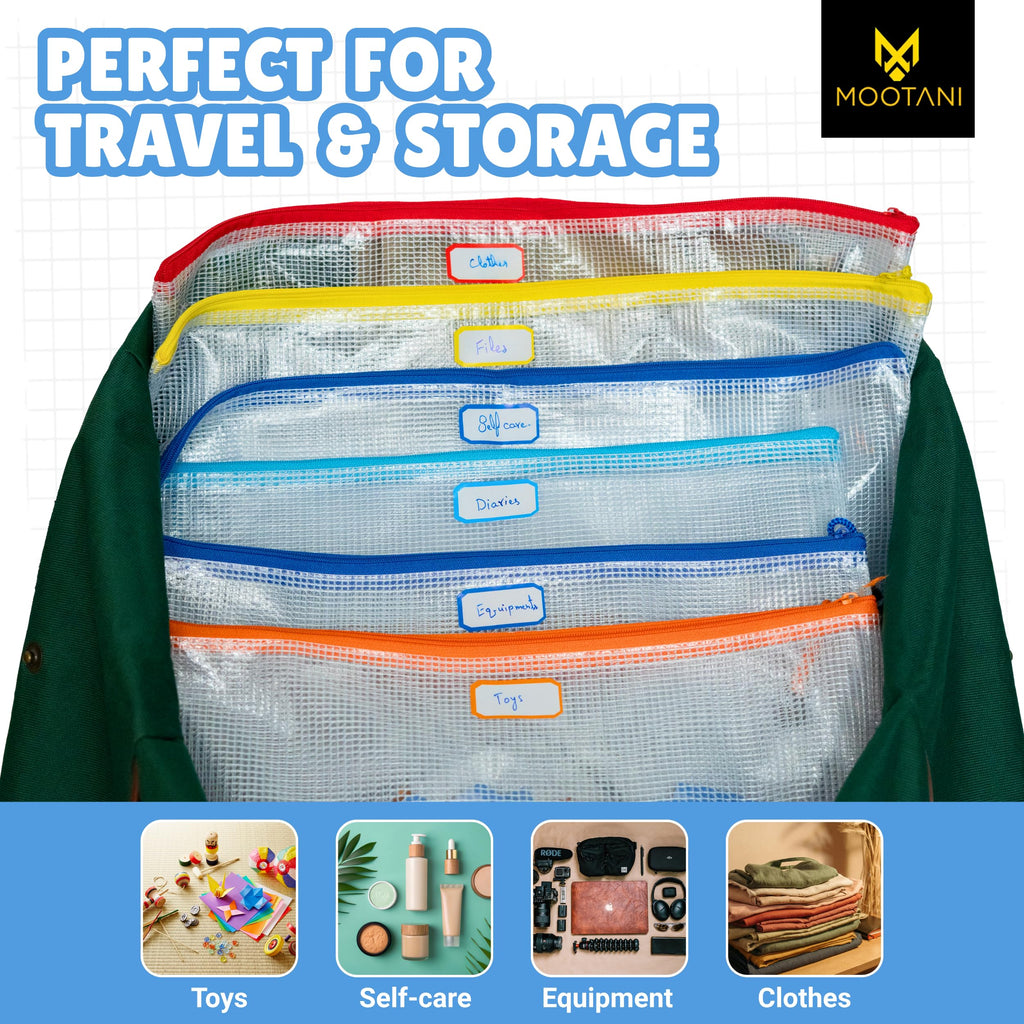 MOOTANI 24 Pcs Mesh Zipper Pouch Bags A3 (16x12) Inches Large Waterproof, Reusable Zipper Bags for Board Game & Puzzle Storage, Classroom, Office & Organization, 8 Colors