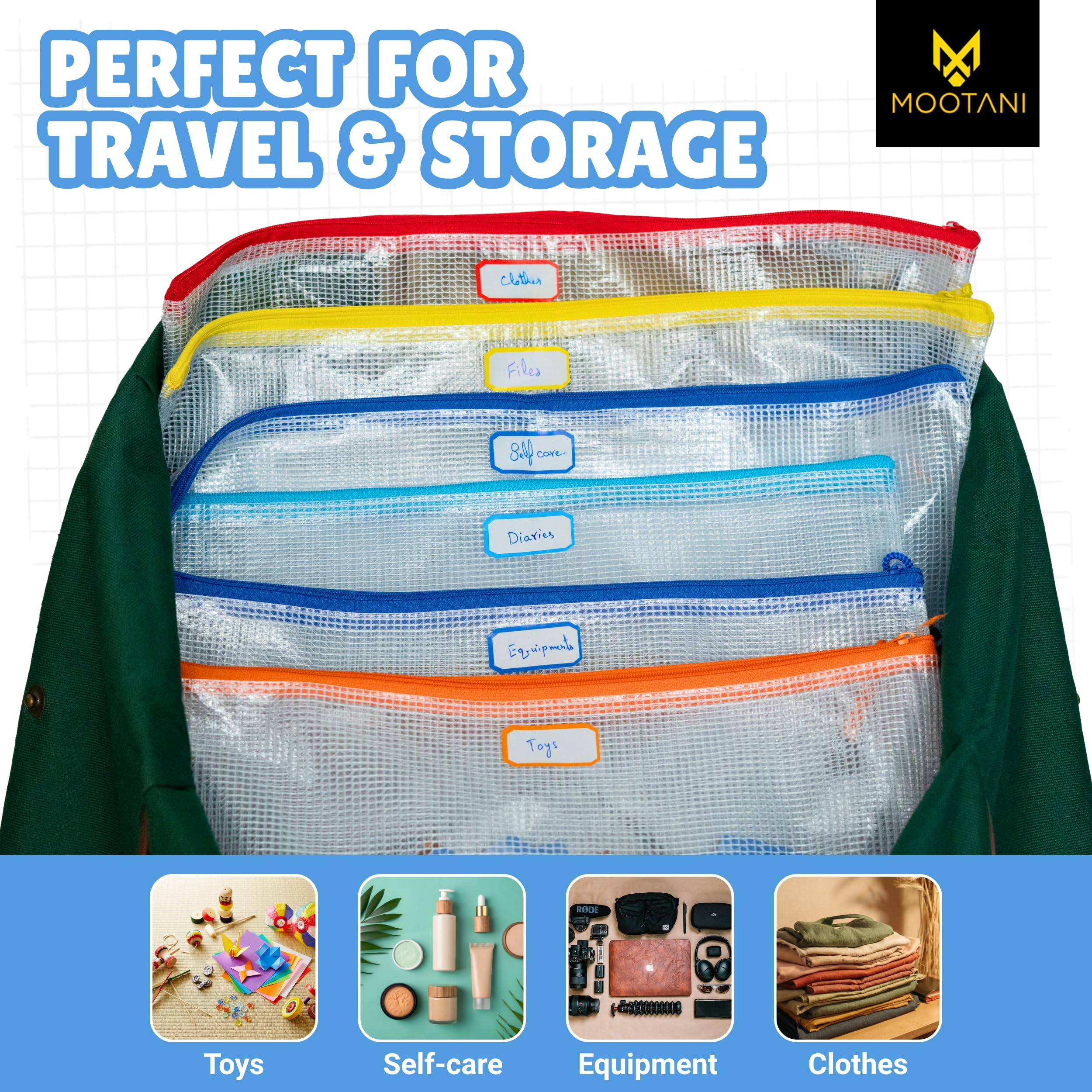 MOOTANI 24 Pcs Mesh Zipper Pouch Bags A3 (16x12) Inches Large Waterproof, Reusable Zipper Bags for Board Game & Puzzle Storage, Classroom, Office & Organization, 8 Colors