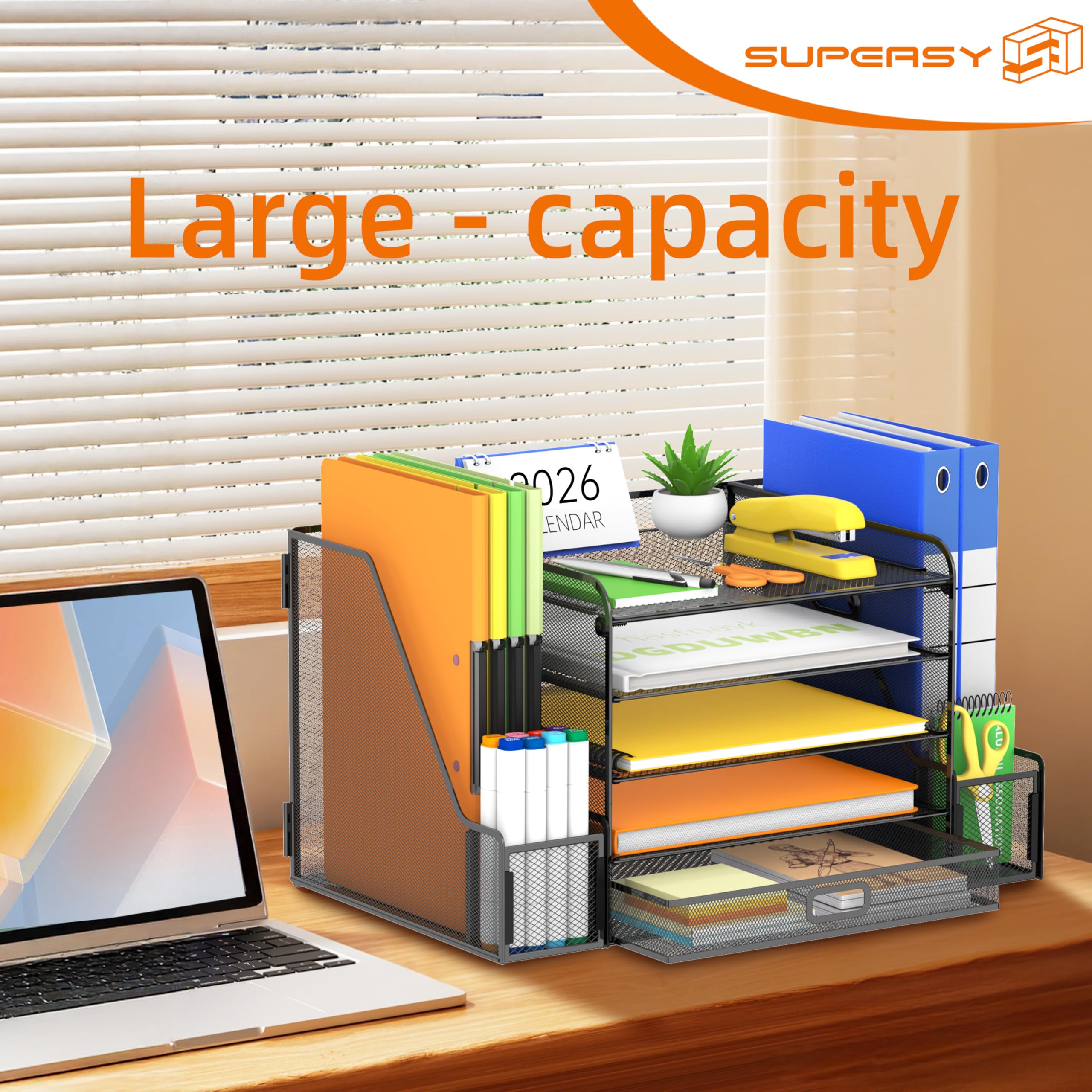 SUPEASY Mesh Desk Organizer with File Holder 5-Tier Paper Letter Tray Organizer with Magazine Holder Desktop Organizer and Storage with Upright Sections for Office Supplies Home or School (Black)