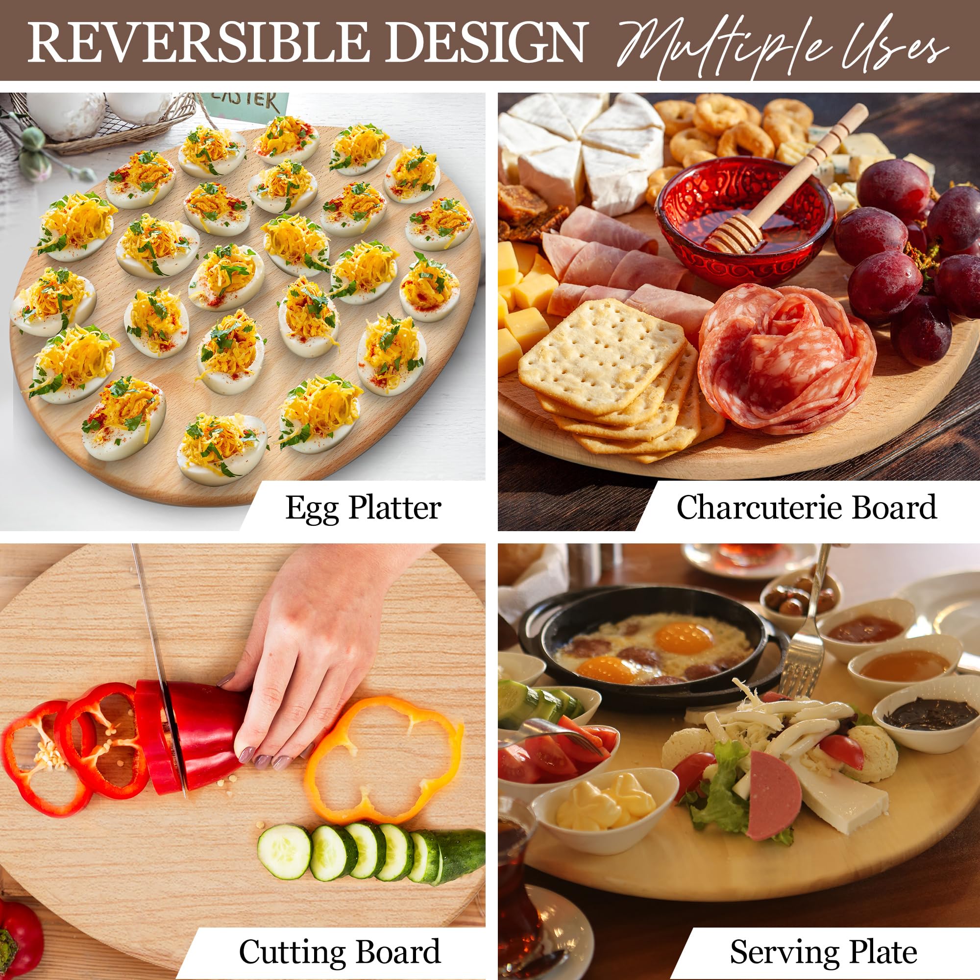 Namre' Wooden Deviled Egg Tray 24 Holes, 15 x 12in - Reversible Deviled Egg Platter & Charcuterie Board - Premium Quality Beechwood Deviled Egg Holder Ideal for Easter - Cutting Board Serving Tray