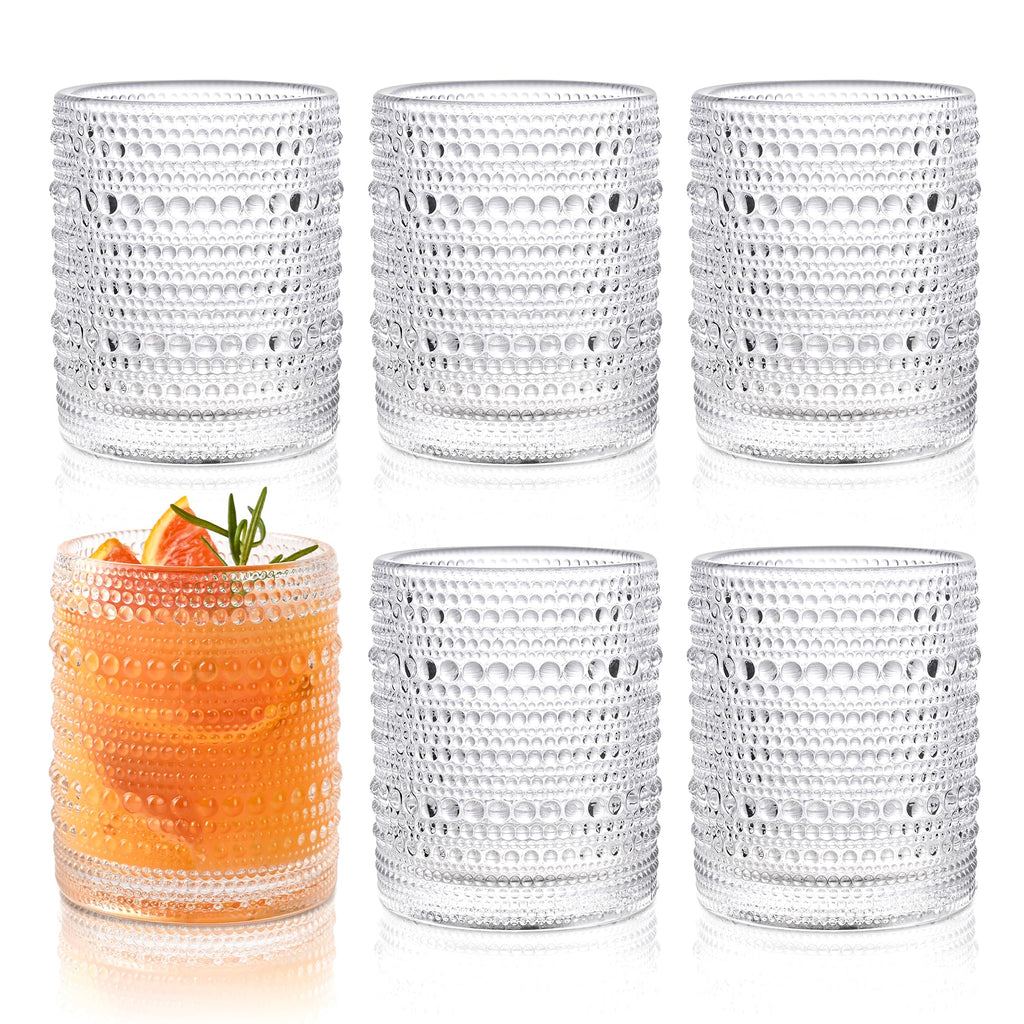 KMIGRUAN Hobnail Drinking Glasses Set of 6,12oz Vintage Glassware Embossed Vintage Water Cups Cocktail Glasses Juice Glasses