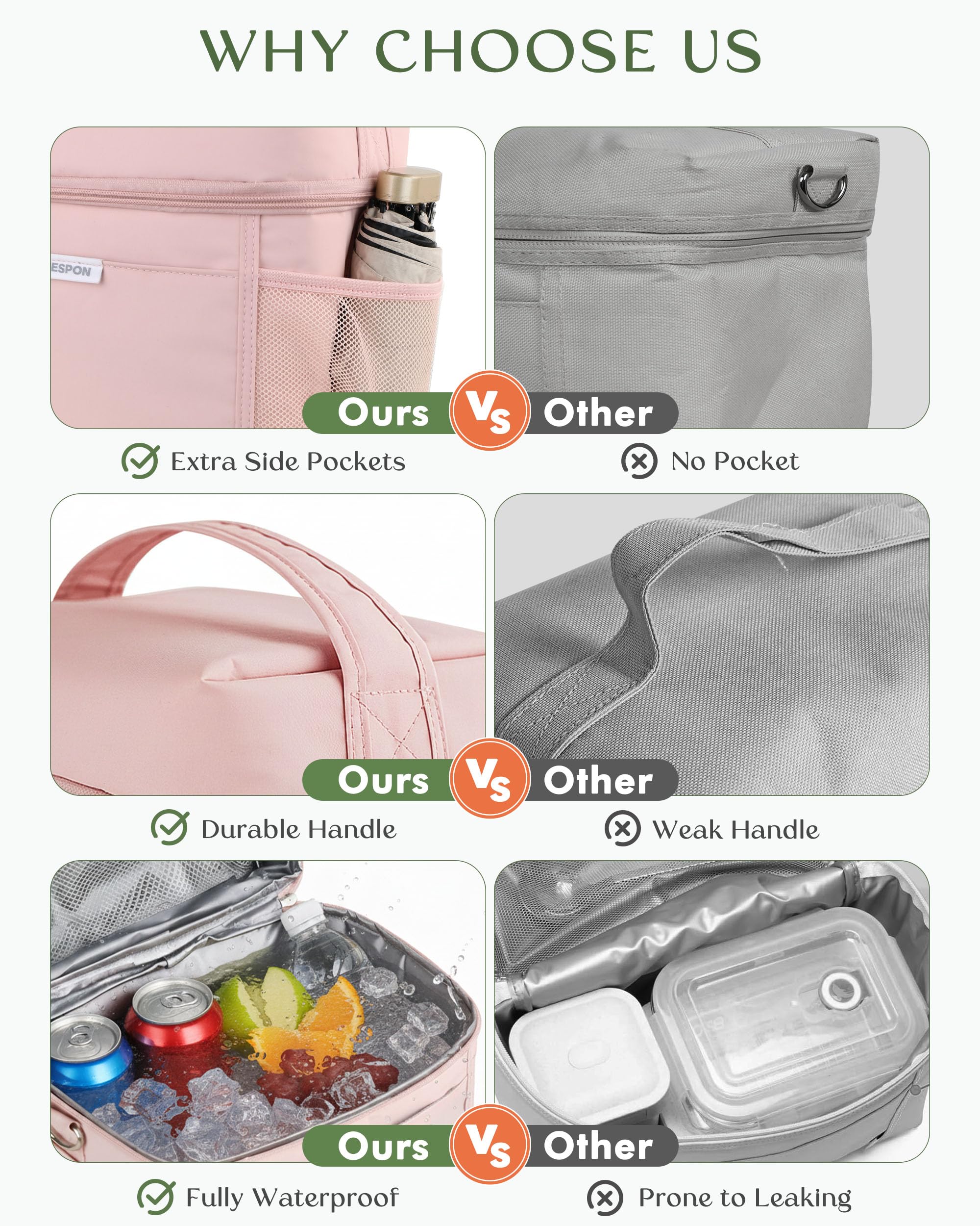 HOMESPON Lunch Box for Women Men - Insulated Lunch Bag Waterproof Lightweight Cooler Bag for Work, Picnic, Travel (Medium, Pink)