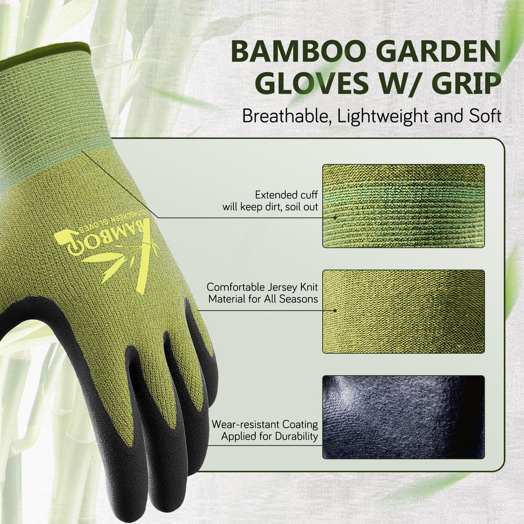 COOLJOB 2 Pairs Bamboo Gardening Work Gloves for Women and Men, Breathable Rubber Coated with Touch Screen, Non Slip Grip for Workers, Gardeners, Drivers, Green, Small