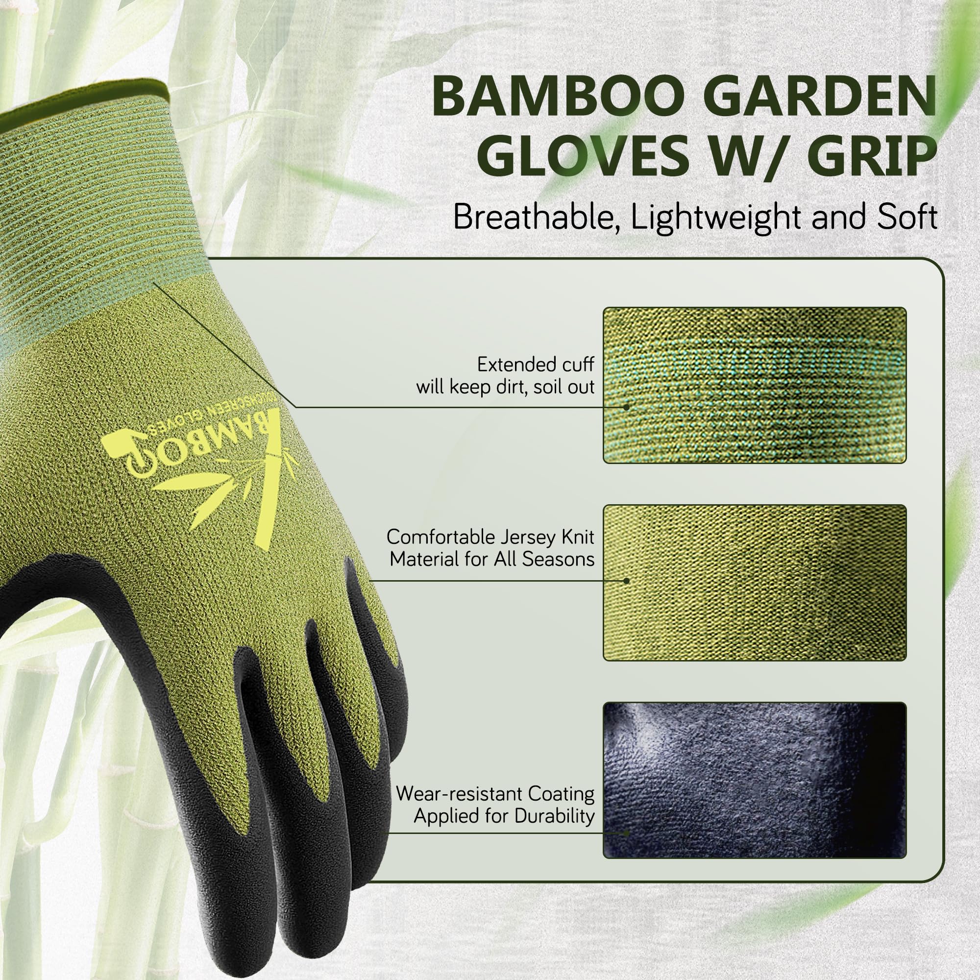 COOLJOB 2 Pairs Bamboo Gardening Work Gloves for Women and Men, Breathable Rubber Coated with Touch Screen, Non Slip Grip for Workers, Gardeners, Drivers, Green, Small