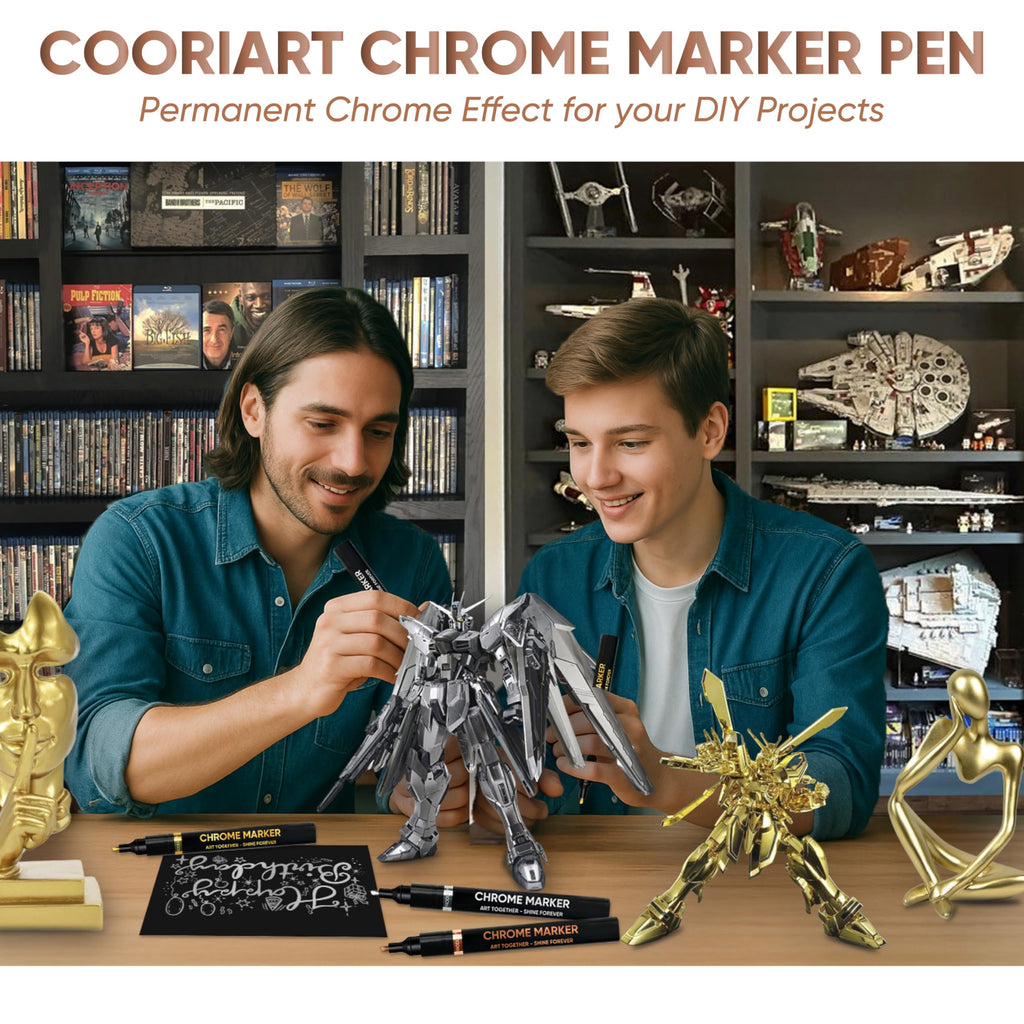COORIART 6PK Liquid Chrome Markers - Permanent Mirror Chrome Pens, Chrome Paint Pens for Plastic, Metal, Model Painting, Touch Up & Repair Kit, Set of 2 Tips (0.7mm, 1-3mm)