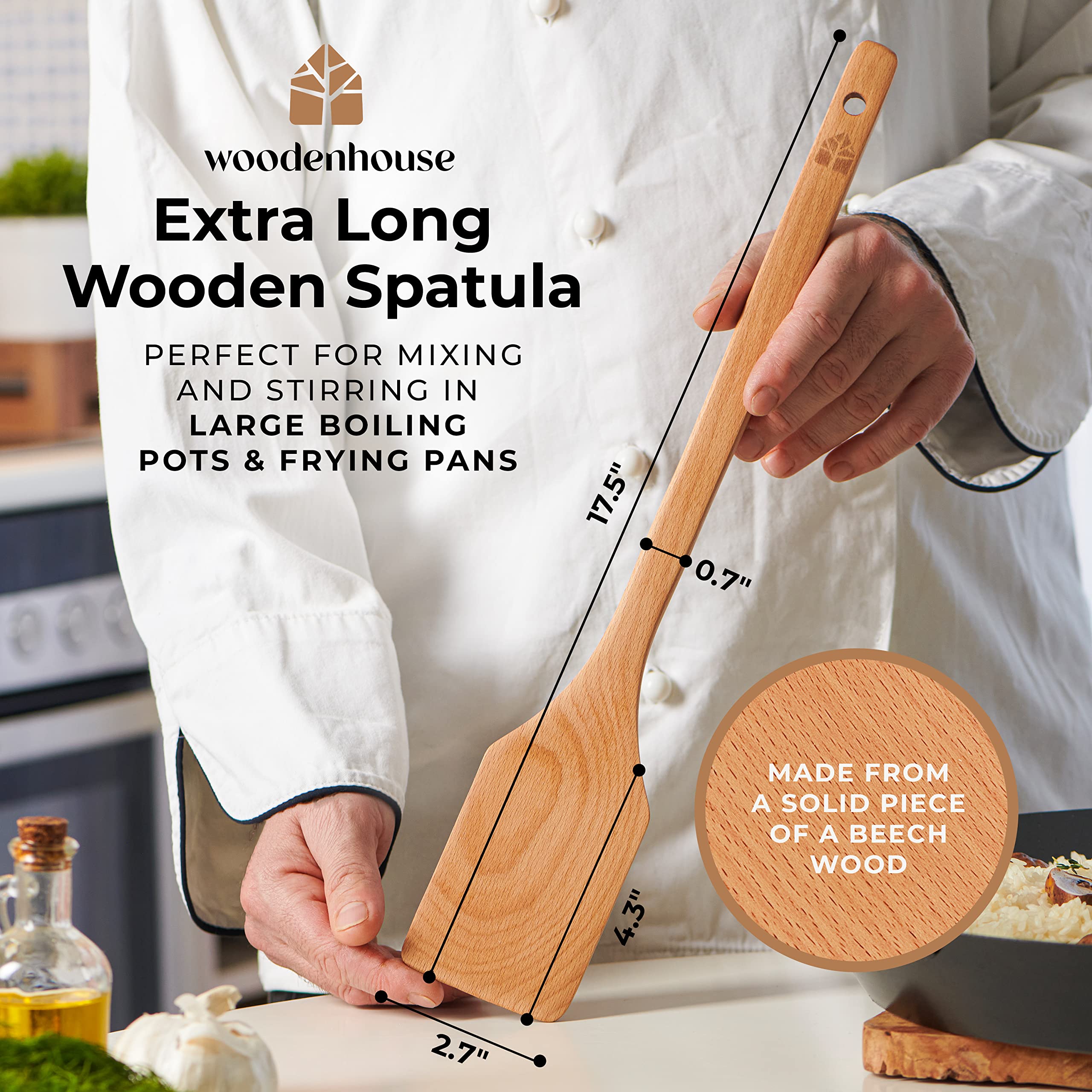 Extra-Long Wooden Spoon - 18” Stirring Paddle - Beech Wood Long-Handled Cajun Cooking Grill Mixing & Brewing - Heavy-Duty Flat Stir Paddles - Solid Natural Hardwood Cookware by Woodenhouse