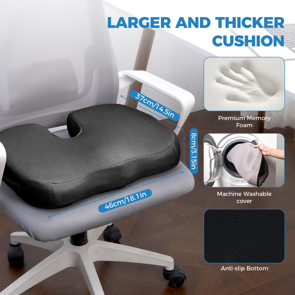 Extra Large Memory Foam Seat Cushions for Office Chairs, Car, Airplane, Wheelchair– Relieves Lumbar, Orthopedic, Sciatic, Coccyx and Back Pain – Comfortable Non-Slip – Bonus Carry Bag Included (Black)
