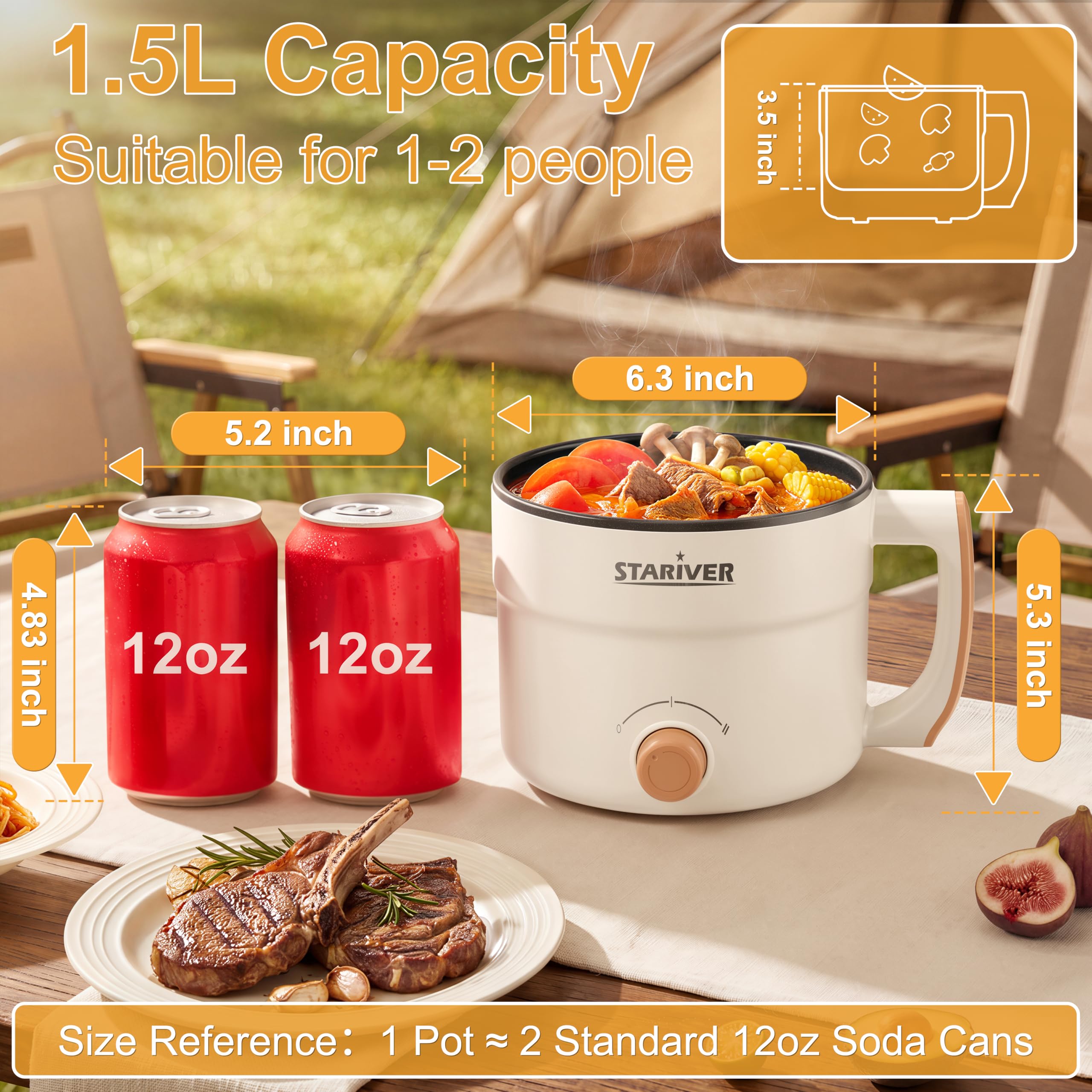 Stariver 1.5L Electric Hot Pot with Dual Power - Mini Portable Non-Stick Noodle Cooker for Ramen, Soup, Pasta, Egg, Oatmeal - Overheat & Boil-Dry Protection - Ideal for Dorm, Office, Travel Gift
