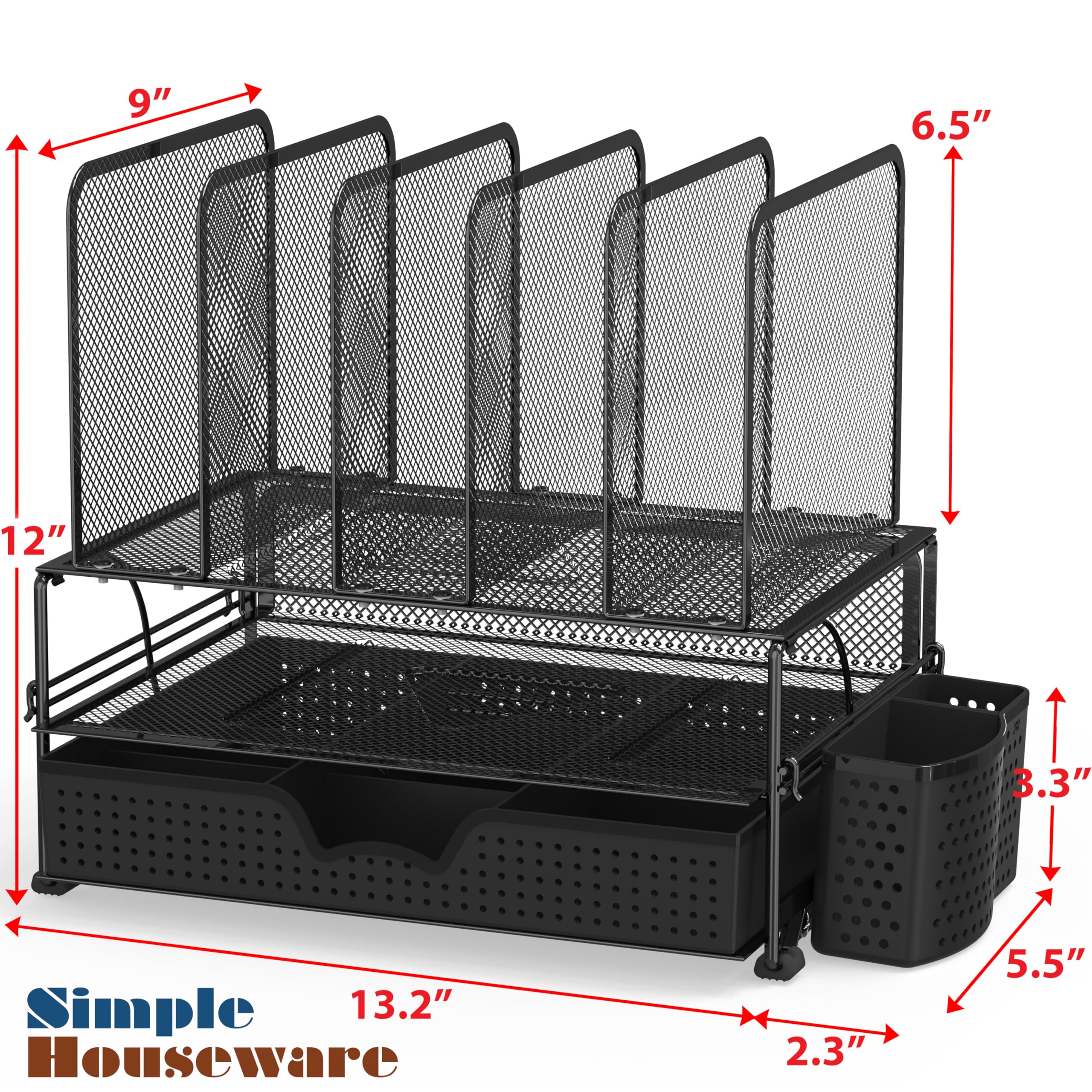 SimpleHouseware Desk File Organizer for Office Stationery with Sliding Drawer, Double Tray, Pencil Holder, and 5 Upright Sections, Black