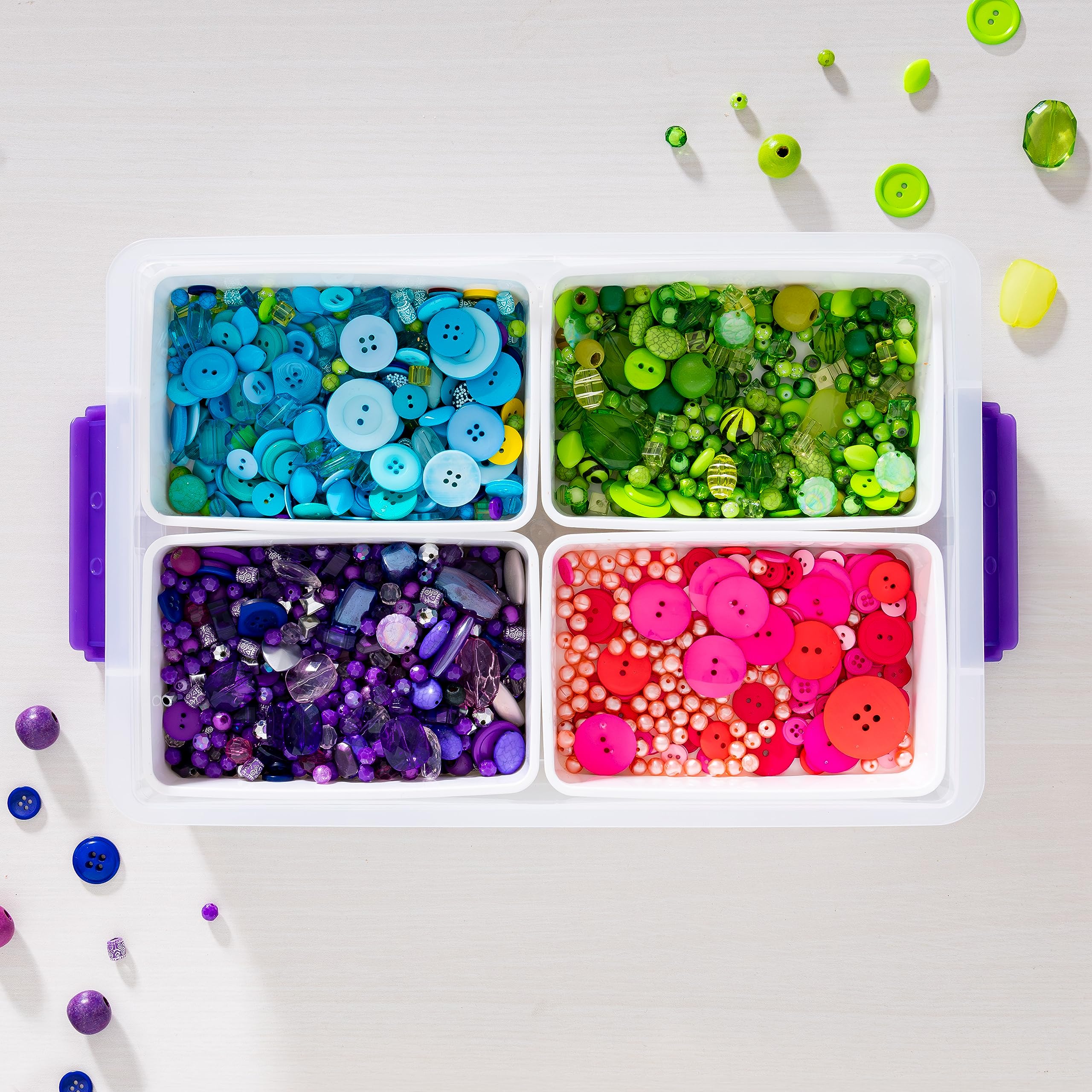 IRIS USA 8.9 L (9.4 US Qt) Large 2-Layer Portable Stack and Carry Storage Bin with Buckle-Up Lid, 4 Removable Dividers, for Arts Crafts Supplies Stationery Medicine Play-Doh Nail Polish, Clear/Violet